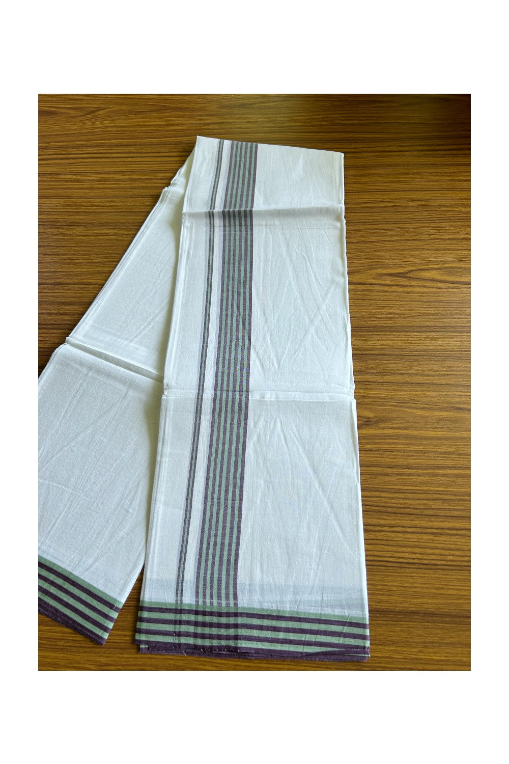 29% DISCOUNT! KaithariKada Balaramapuram 100% Cotton PURE WHITE Double Mundu/Dhoti-100x100 2.25 inch Light Green & Dark Purple Stripes Cotton kara 3.70m- 10KK493RAM