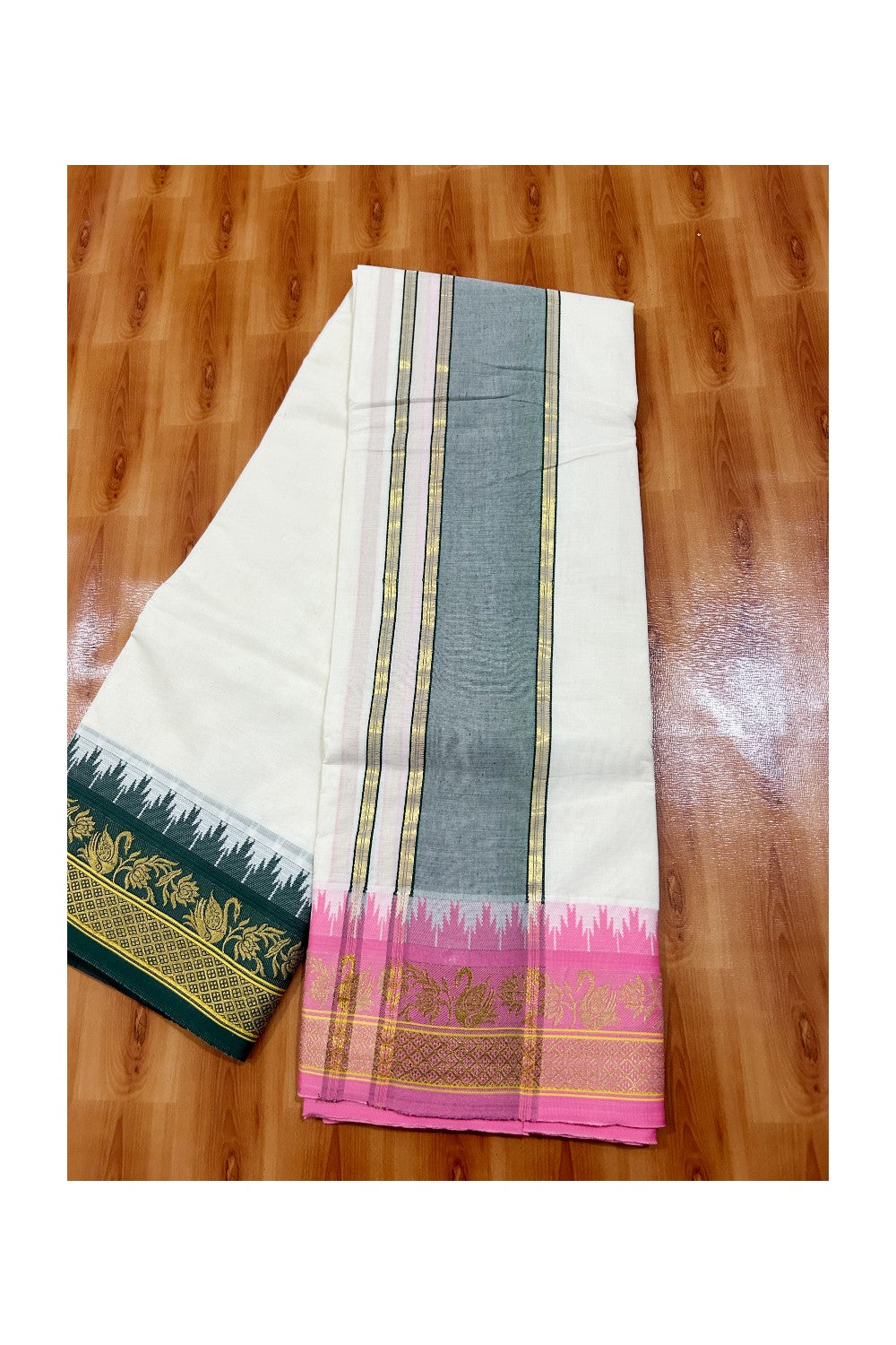 37% DISCOUNT! KaithariKada - Cotton Mix - Off White - (Unbleached)- 80 x80 thread - 80% Cotton & 20% Polyester - NORTH INDIAN  ATTACHED GAMCHA 9X5 Dhoti 5 inch Green kara with Pink & Green Kasavu Design border  - 10KK5005PMC