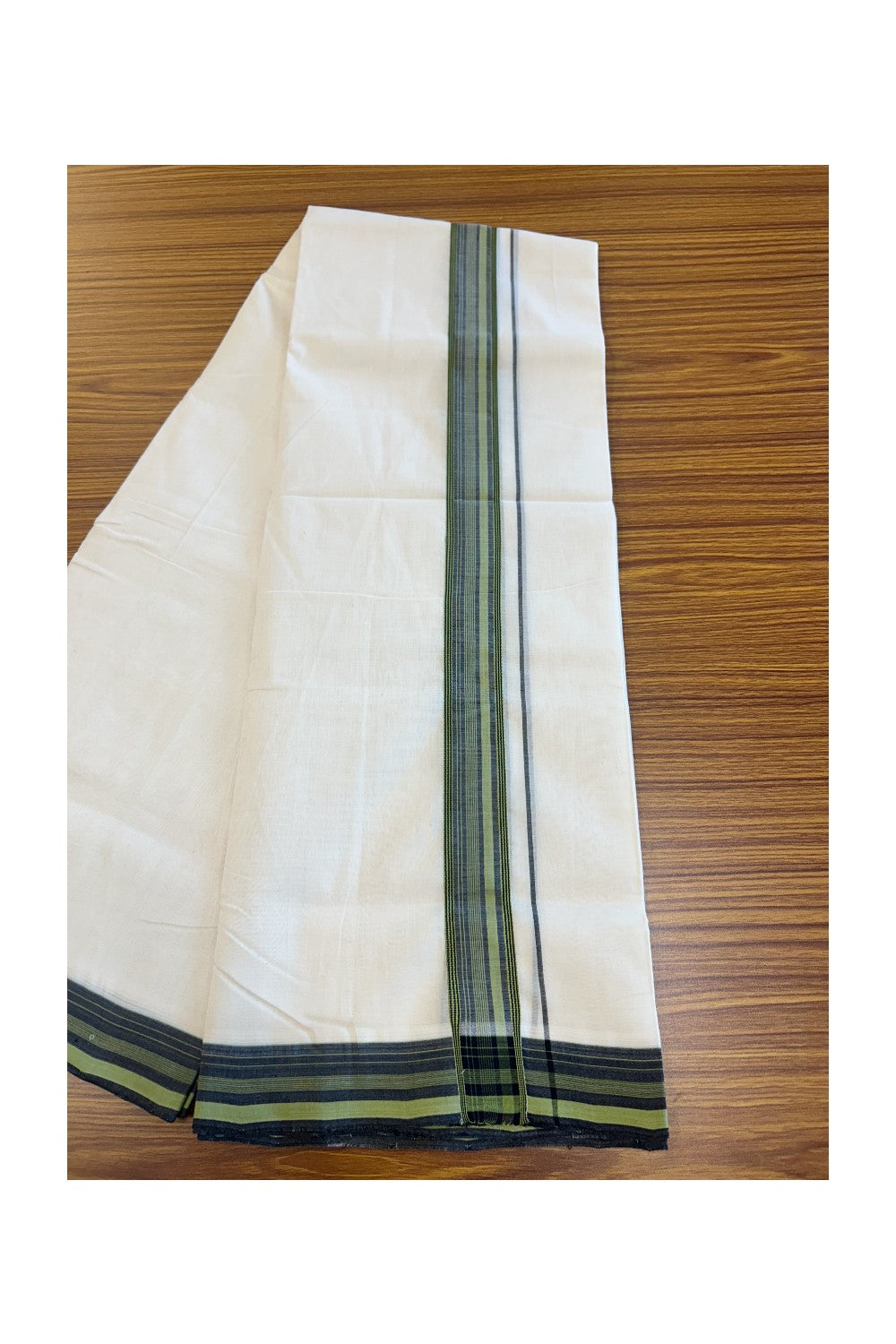 25% DISCOUNT!! KaithariKada HANDLOOM UNAKKUPAAV Balaramapuram - 100% PURE Cotton OFF White Double - (Unbleached) Mundu/Dothi - 2 inch Black & Green Kara 3.82 meters - 10KK5049REA