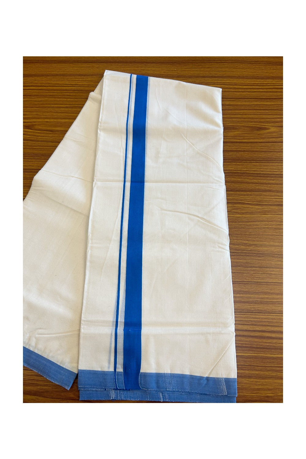 30% DISCOUNT! KaithariKada Balaramapuram HANDLOOM 100% Cotton Double Off white - (Unbleached) Mundu/Dhoti-100X100-  1.5inch BLUE  Kara-51