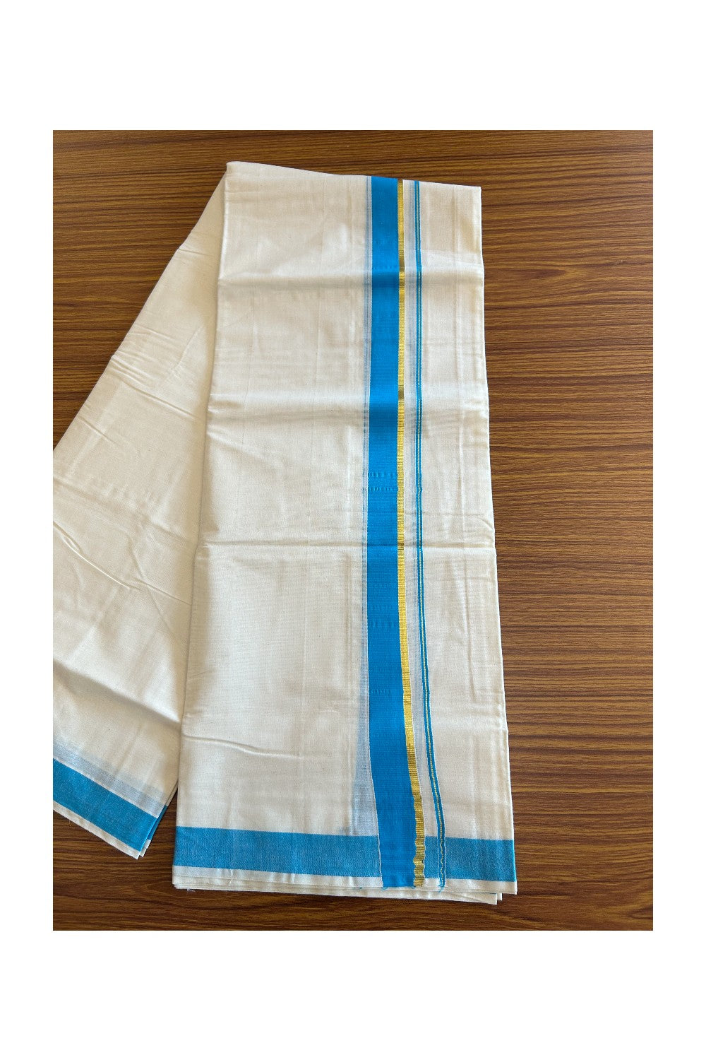 10% Discount! KaithariKada Balaramapuram 100% Cotton Off White - (Unbleached) Double Mundu/Dhoti-80x72 LIGHT BLUE & KASAVU - 10KK57VIN