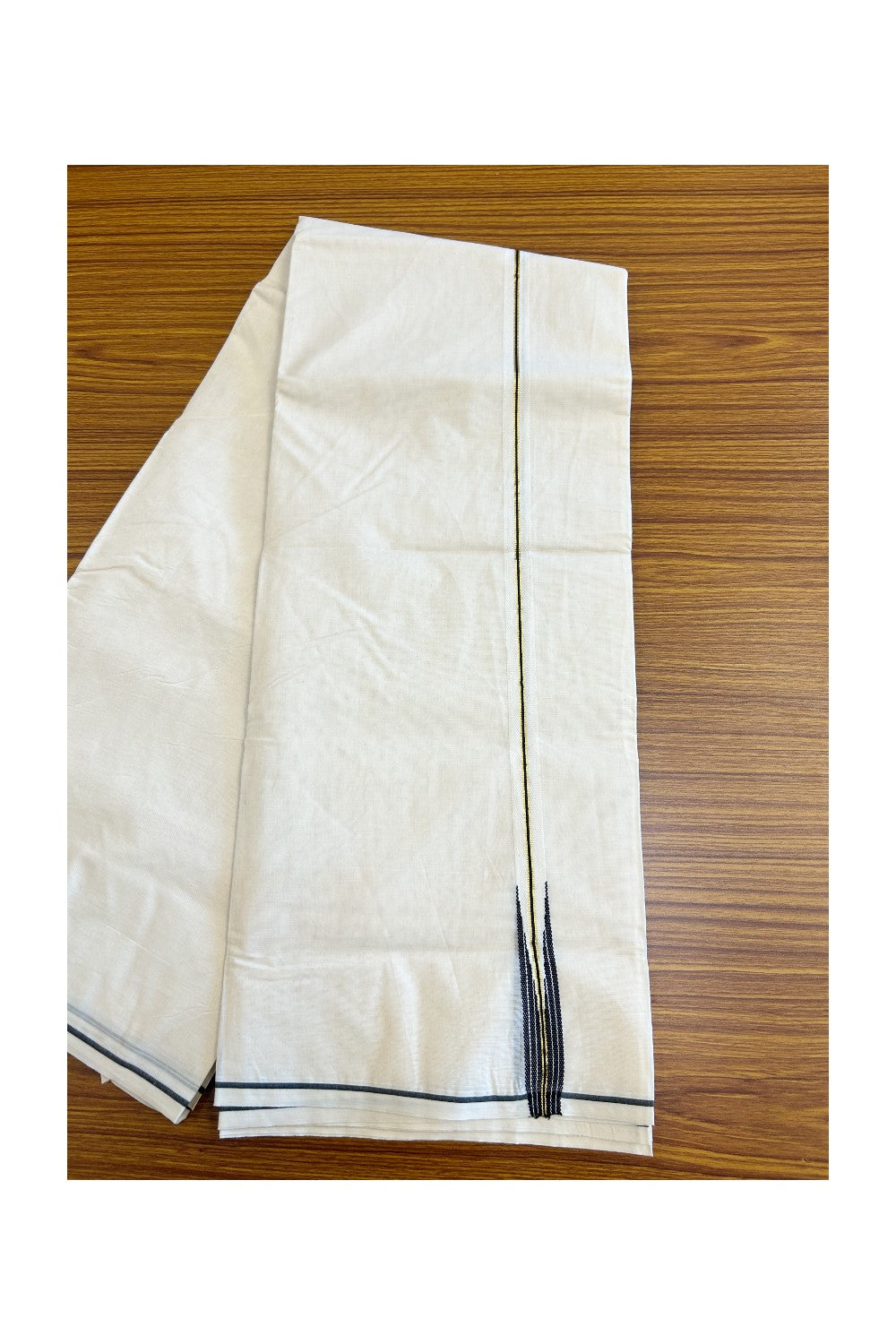 15% DISCOUNT!! KaithariKada Balaramapuram 100% Cotton off white Double - (Unbleached) Mundu/Dhoti-100x100 Gold Kasavu & Black Chutty stripes - 1KK115KAI