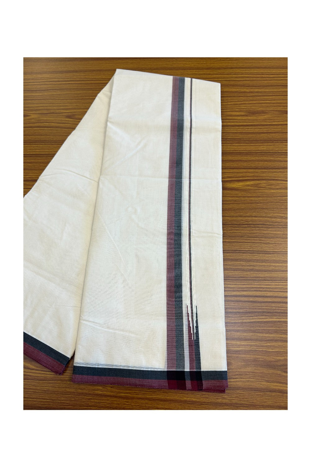 DMK Veshti - 22% Discount !! KaithariKada Balaramapuram Double Off white - (Unbleached) Mundu/Dhoti - 100X100 - 1 inch Puliyilakkara Maroon & Black Chutty Kara - 10KK5074ASH