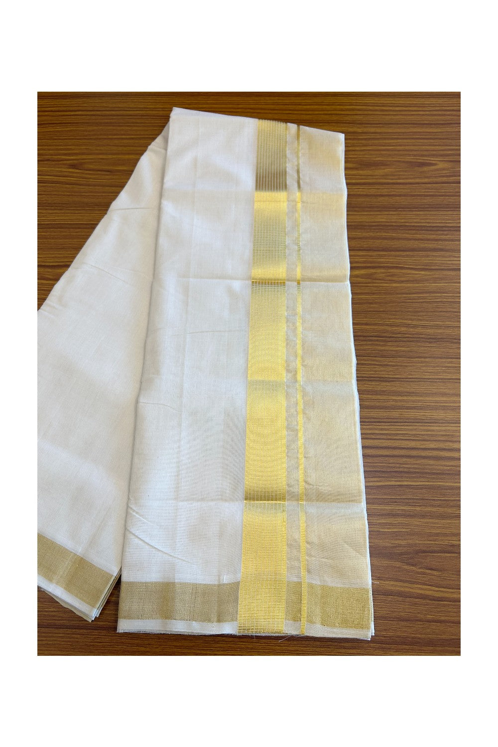 KaithariKada HANDLOOM UNAKKUPAAV Balaramapuram - 100% PURE Cotton Off White  (Unbleached) Mundu/Dhoti & Neriyath set - 7 Inch Kasavu stripes tissue Kara - 10KK5097ABH