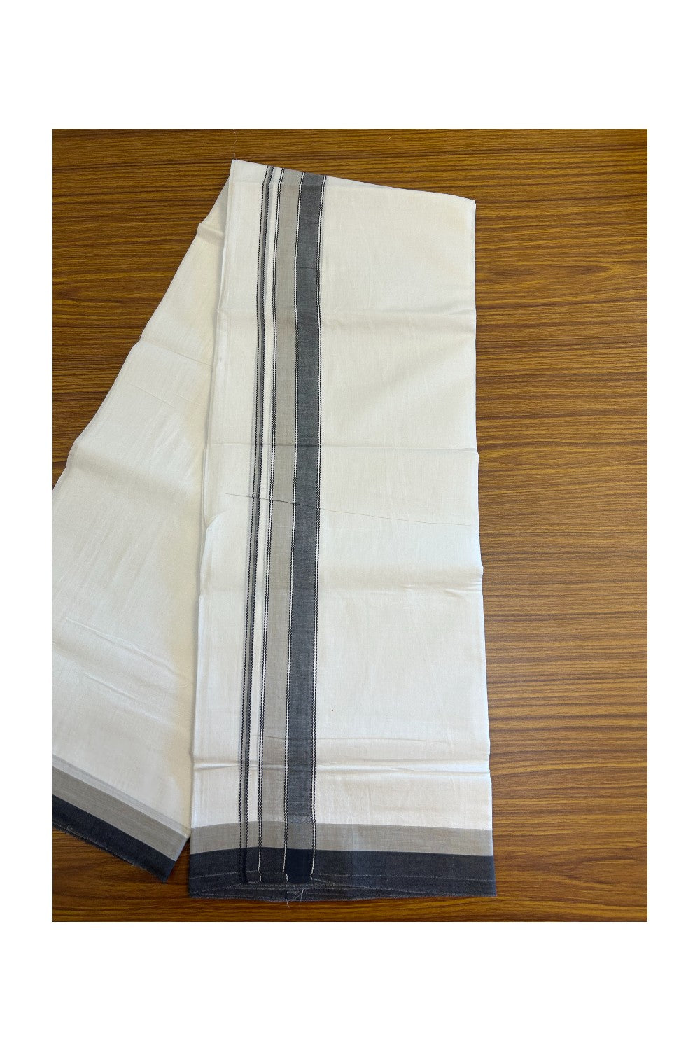 28% DISCOUNT! KaithariKada Balaramapuram 100% Cotton PURE WHITE Double Mundu/Dhoti - 100x80 - 1.75 inch Light Grey & Black shaded designer kara - 10KK5134THI