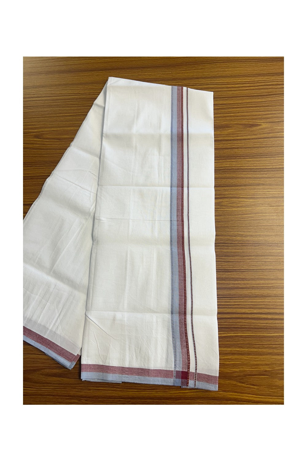 SIGNATURE KAITHARIKADA EXCLUSIVE SINGLE DHOTI - 20% Discount!!  100% Cotton Balaramapuram HANDLOOM Single Mundu/Dhoti -PURE WHITE - 1 inch Lavender Blue & Maroon Kasavu Muthukuri kara  (2 meters /4 muzham) - 8KK5146KAI