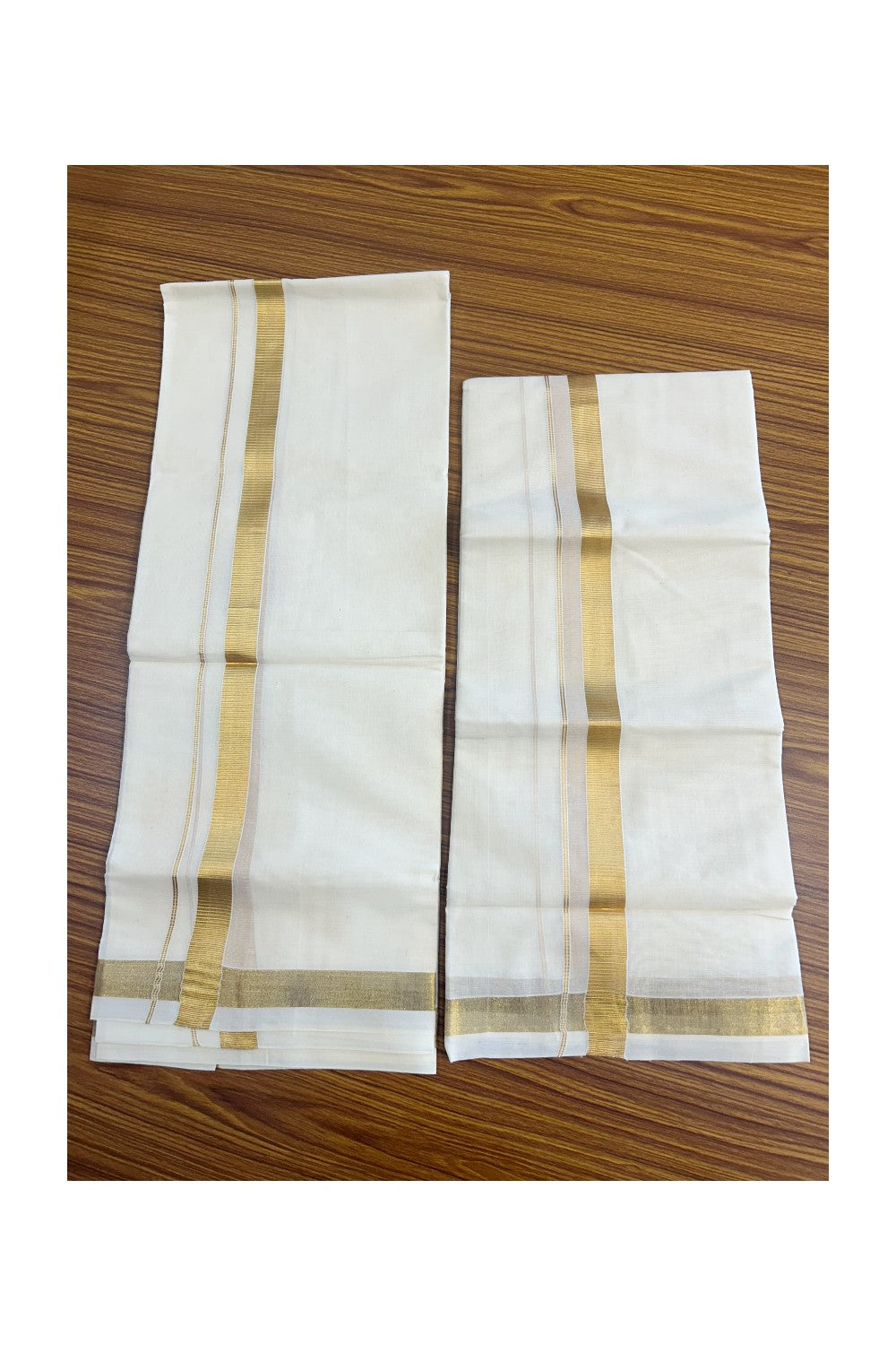 25% Discount!! KaithariKada - Kerala Pure Cotton OFF WHITE SINGLE SET MUND FOR WOMEN - EXTRA LENGTH - Gold Kasavu Kara - 10KK5152PMC