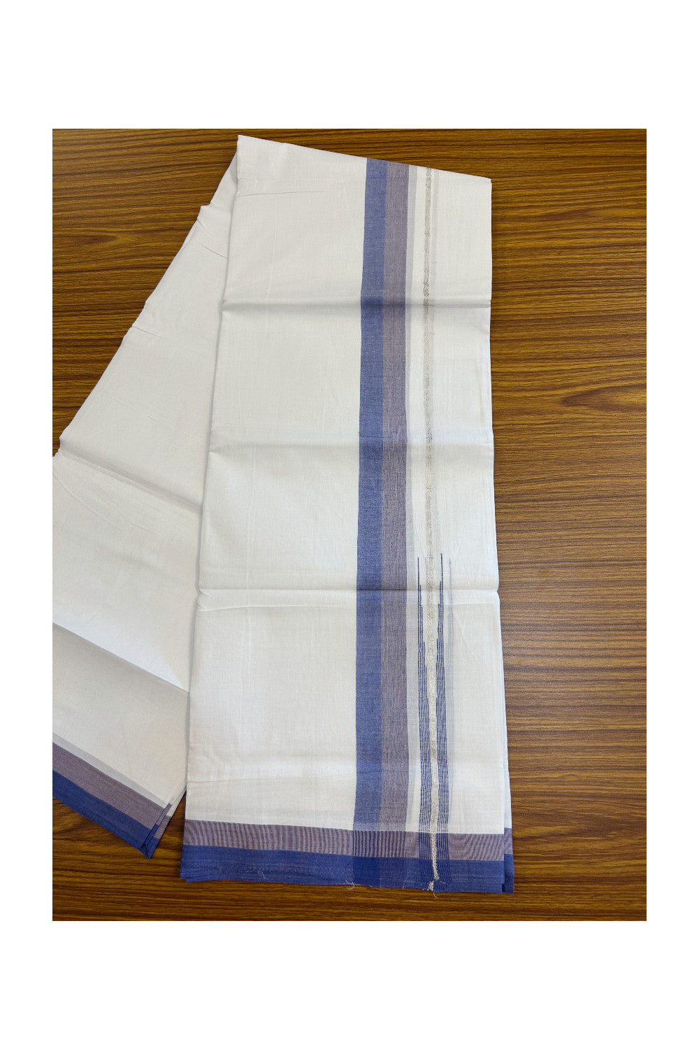 28% DISCOUNT!! Kaitharikada Balaramapuram 100% Cotton PURE WHITE Double Mundu/Dothi - 100X80 - 1.5 Inch Silver kasavu Light brown & Blue shaded striped chutty - 10KK5155THI
