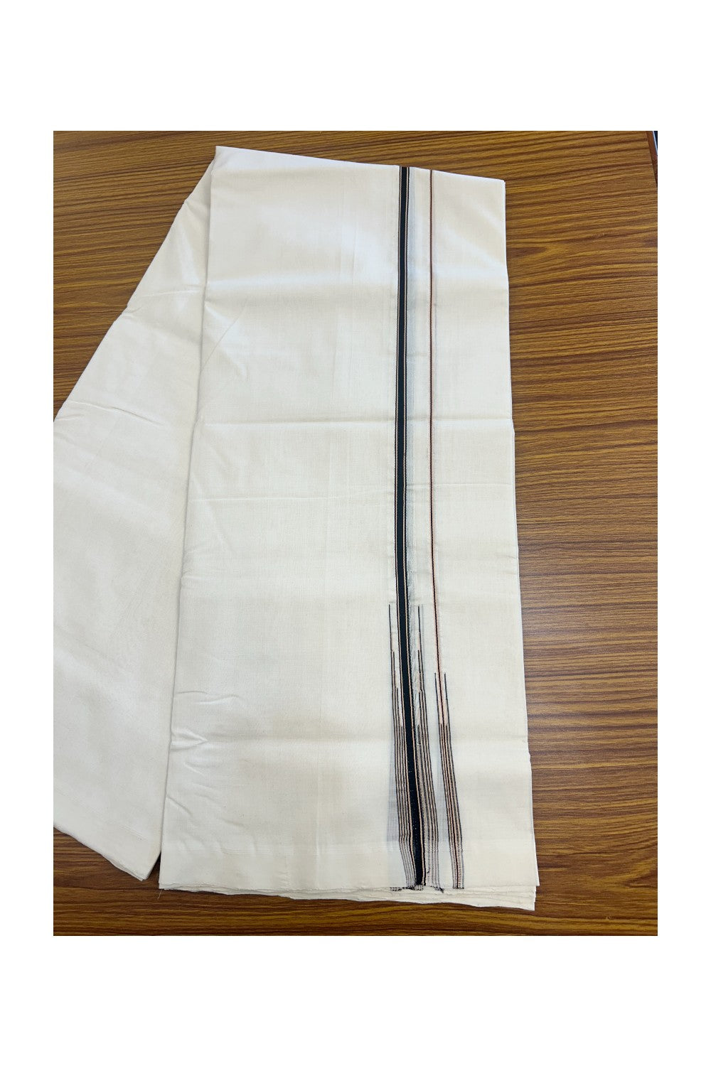 30% DISCOUNT!! KaithariKada HANDLOOM UNAKKUPAAV Balaramapuram - 100% PURE Cotton OFF White Double - (Unbleached)- Mundu/Dothi - 1 inch Puliyilakkara Black & Sand Brown Striped Chutty Kara 4.5 Meters (10 Muzham) - 10KK5160REA