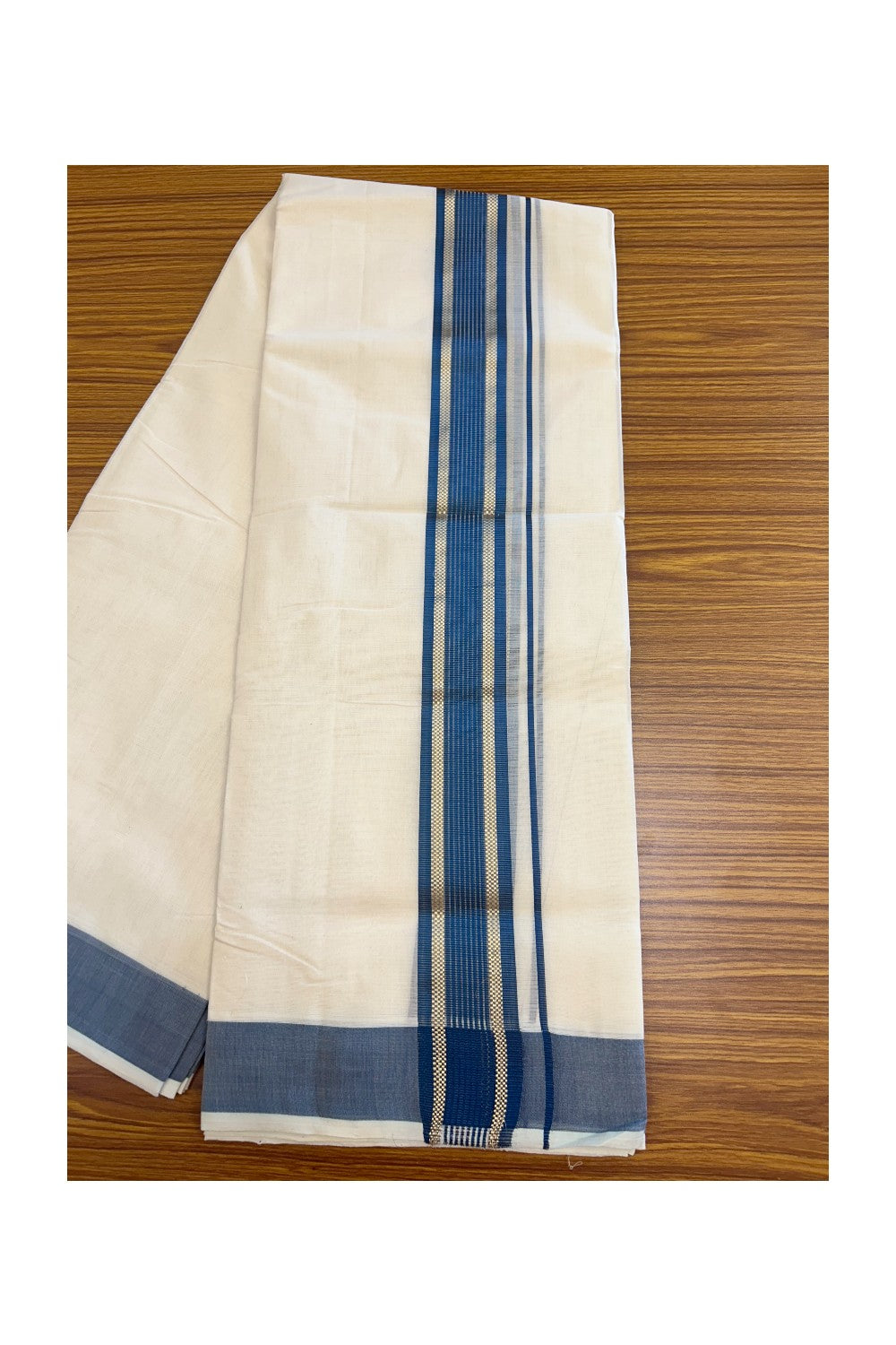27% DISCOUNT!! KaithariKada HANDLOOM millpaav Balaramapuram - 100% PURE Cotton OFF White - (Unbleached) Double Mundu/Dothi - 2.25 inch Peacock blue colour kasavu  & Gold Kasavu Striped kara - 5KK5162RAM