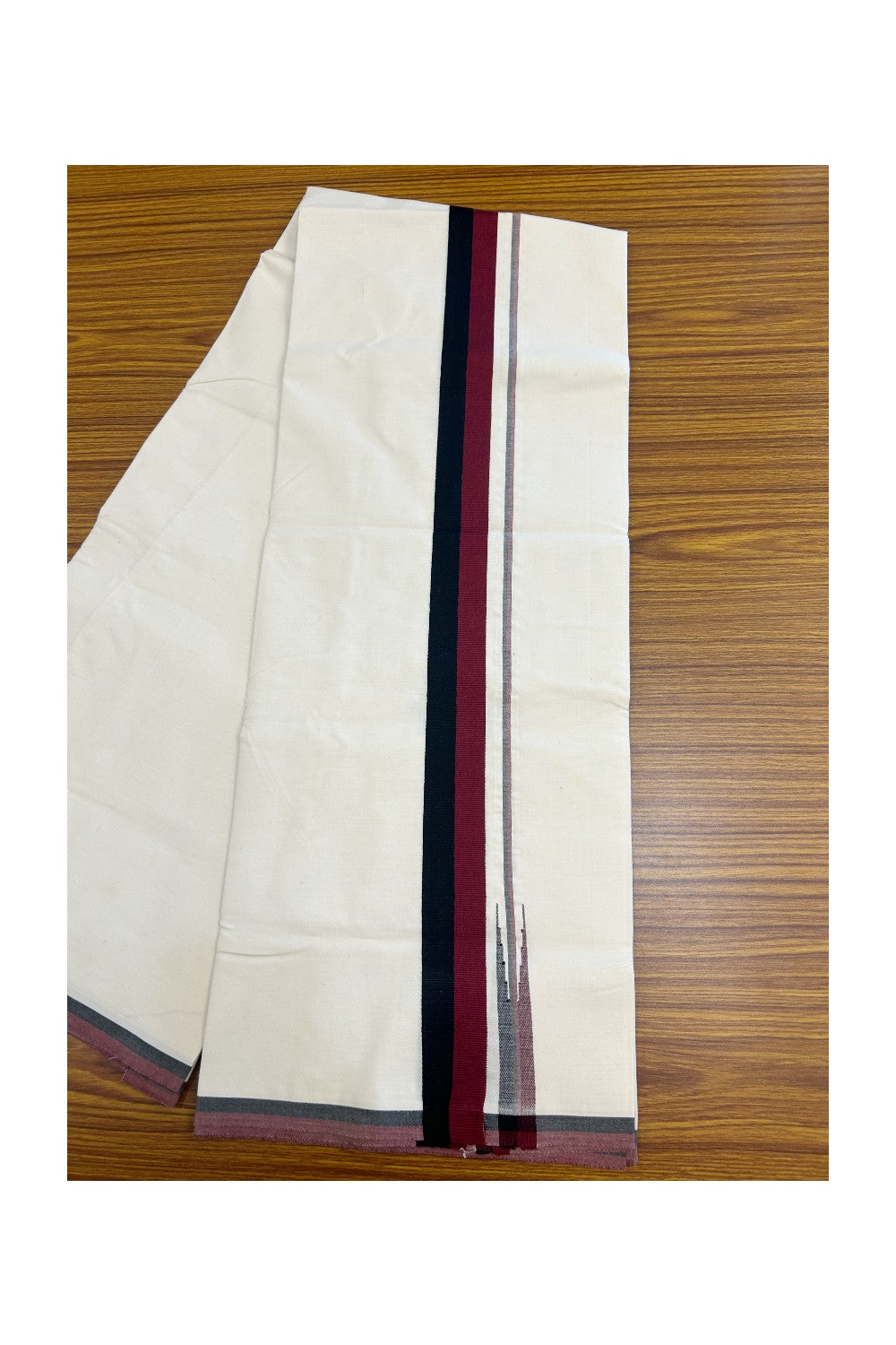 DMK Veshti - KaithariKada Balaramapuram 100% COTTON SINGLE OFF WHITE- (Unbleached) Mundu/Dhoti-100X100 -1.5 inch Puliyilakkara Maroon & Black Chutty (2 meter / 4 muzham) - 9KK5168ASH