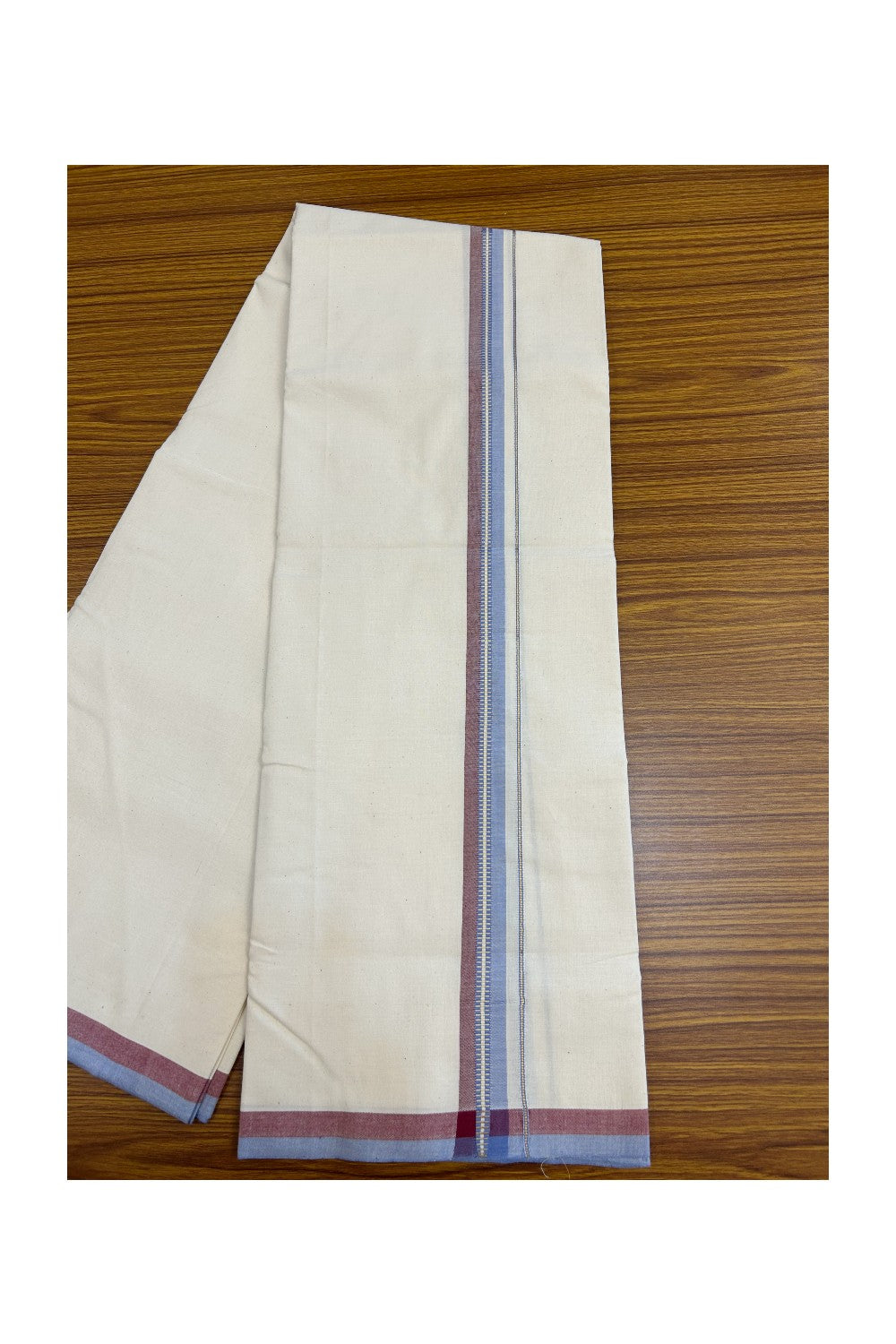 30%DISCOUNT!! SIGNATURE KAITHARIKADA EXCLUSIVE SINGLE DHOTI - 100% Cotton Balaramapuram HANDLOOM Single Mundu/Dhoti - Off White - (Unbleached) 1 inch Maroon Lavender & Gold Kasavu Striped Kara (2 meter / 4 muzham)- 10KK5173KAI