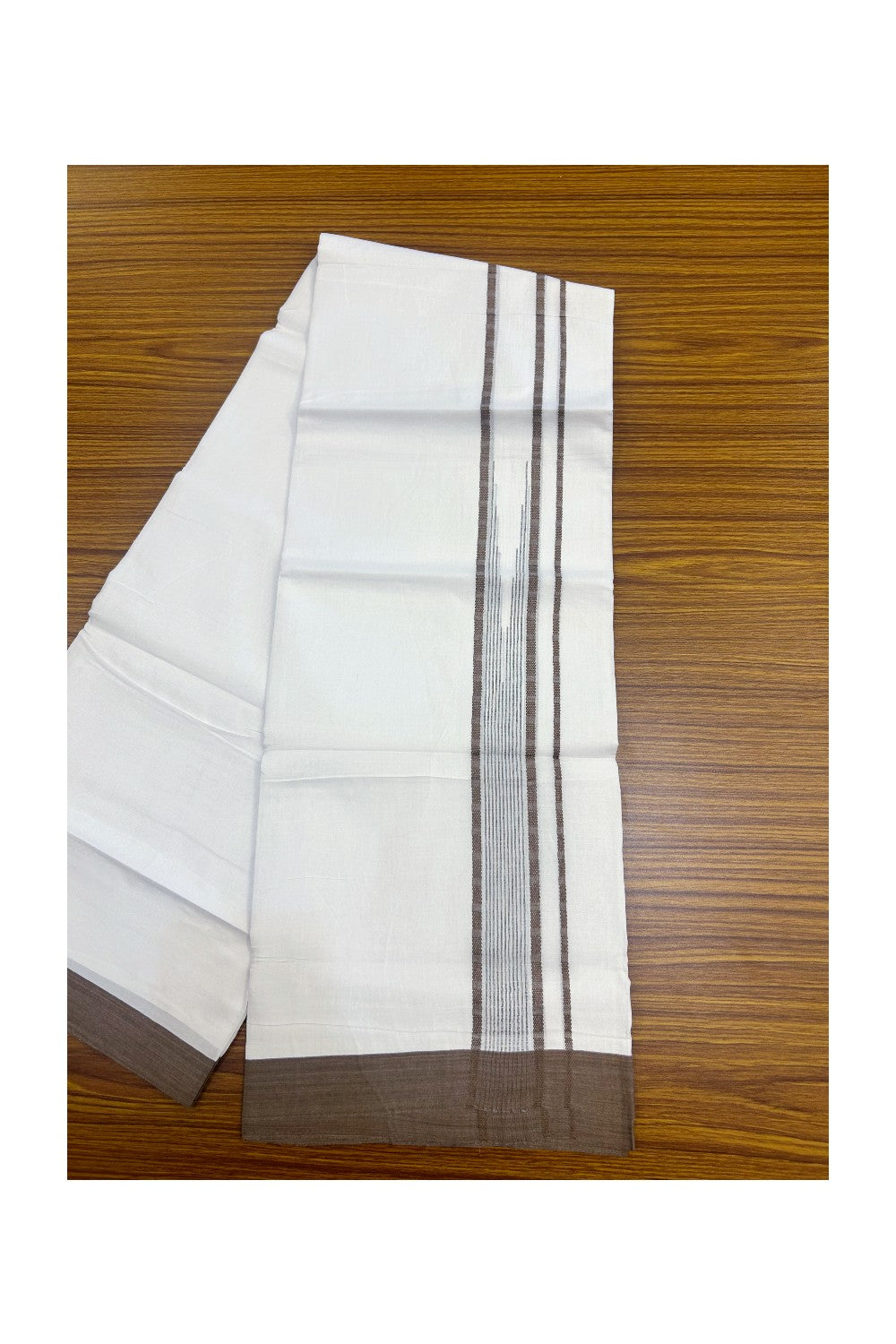 20% DISCOUNT! KaithariKada Balaramapuram DOUBLE PURE WHITE 100% Cotton Mundu/Dhoti - 100x80 - 1.5 inch Brown Putta Design Chutty Kara - 10KK5174THI