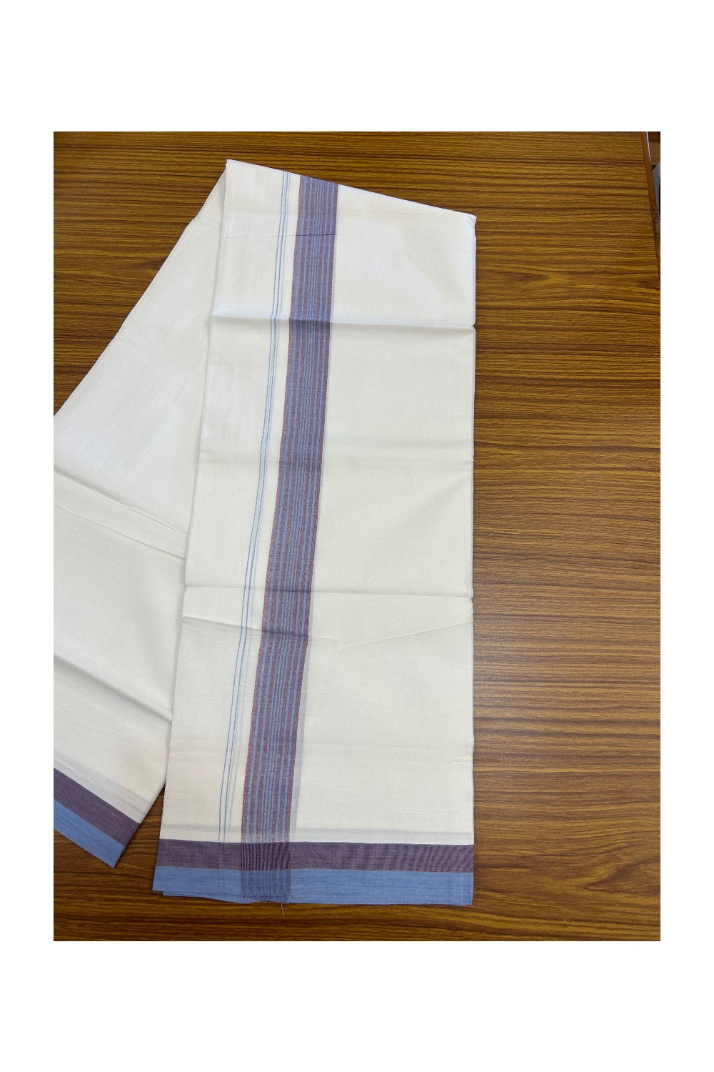 20% Discount ! Kaitharikada Balaramapuram 100% Cotton PURE WHITE Double Mundu/Dothi - 100x80 - 1.5 inch Light Blue & Purple Striped Kara - 10KK5183VIN