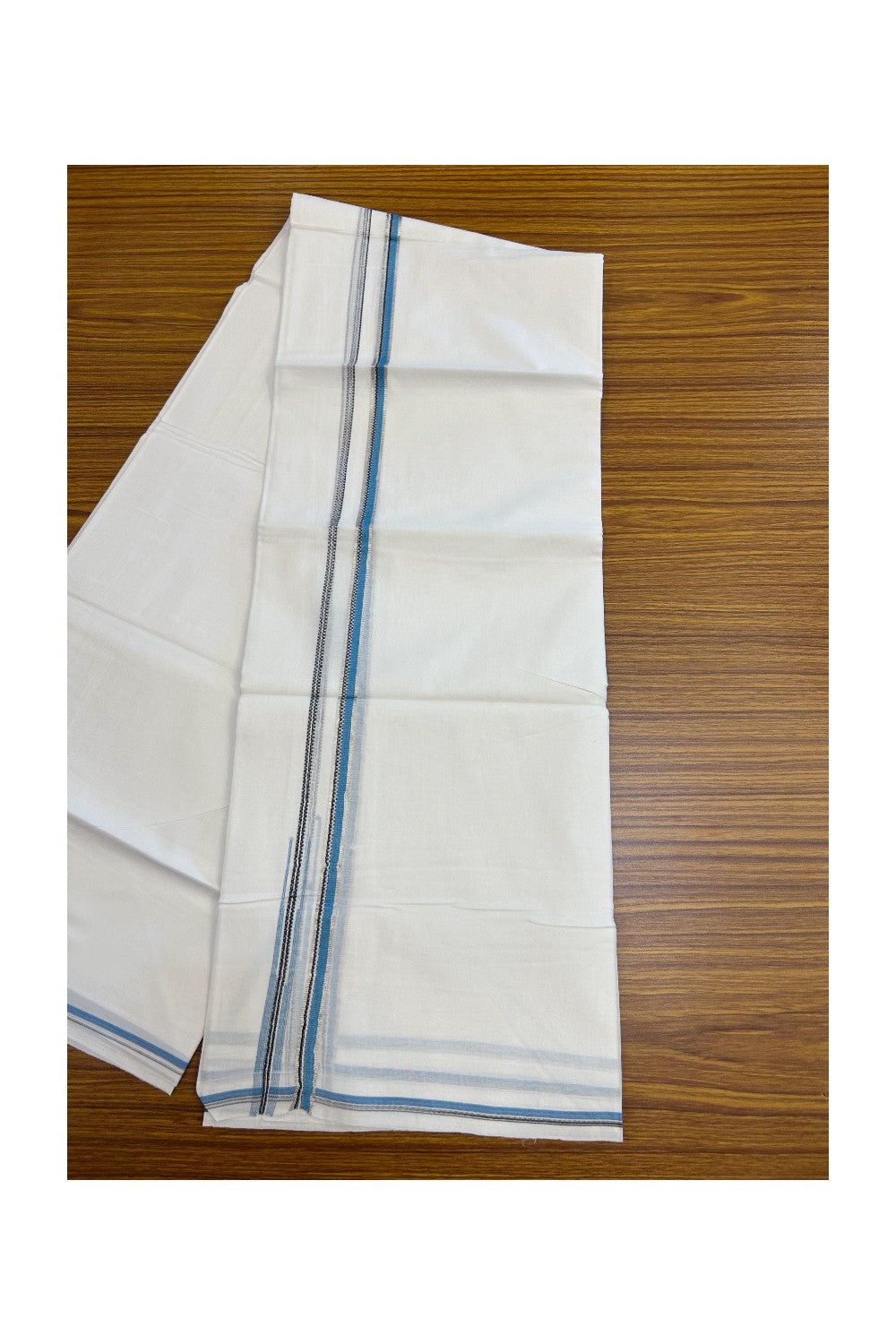 20% Discount !! Kaitharikada Balaramapuram 100% Cotton PURE WHITE DOUBLE Mundu/Dothi- 100X80 Thread - 0.5 inch - Silver Kasavu Black & Cyan Design Chutty Kara - 10KK5184RAMS