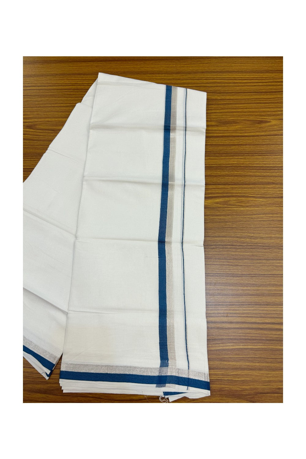 20% Discount !! Kaitharikada Balaramapuram 100% Cotton PURE WHITE Double Mundu/Dothi - 100x100 - 1 inch Silver Kasavu & Peacock Blue Kara - 10KK5191CKS
