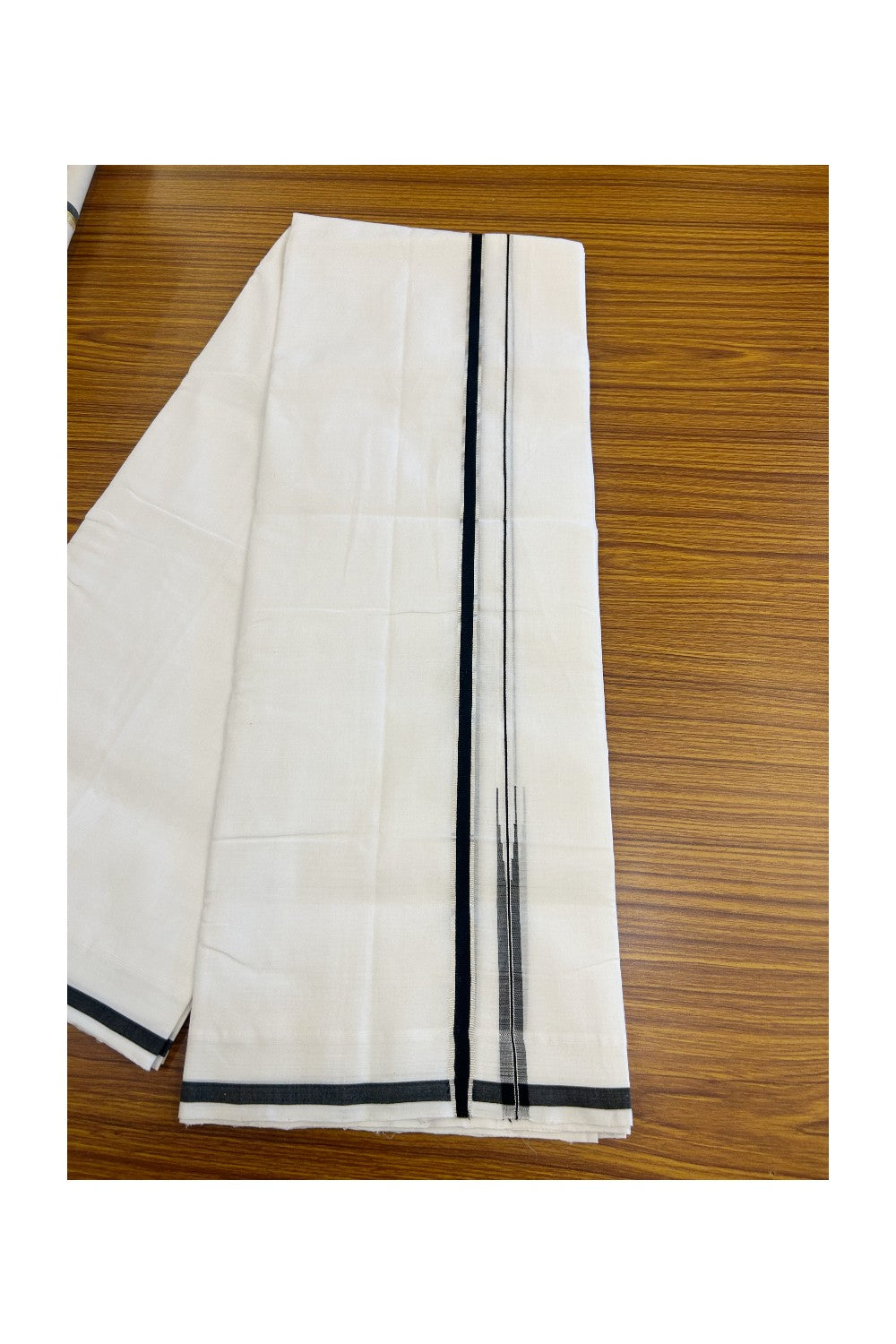 25% Discount!! NEW ULTRA PURE WHITE HANDLOOM Balaramapuram - 100% Mercerised Cotton Double Mundu/Dhoti - 120 twisted warp x 80s weft - 0.5 inch Puliyilakkara Silver Kasavu & Black Chutty Kara- 10KK5200REA