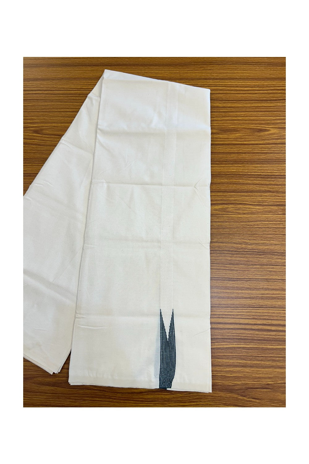 20% DISCOUNT ! KaithariKada Balaramapuram 100% COTTON SINGLE OFF WHITE (Unbleached) Mundu/Dhoti-Twisted 100s Thread- 1 inch Puliyilakkara Dark Green Striped Chutty Kara  (2 meter / 4 muzham)- 10KK5203ASH