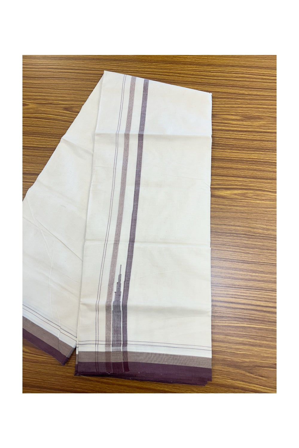 20% Discount!!! KaithariKada Balaramapuram Double OFF WHITE - (Unbleached) Mundu/Dhoti - 100x80 - 1.75 inch Sand Brown & Dark Purple Shaded Puliyilakkara Striped Chutty - 10KK5213 VIN