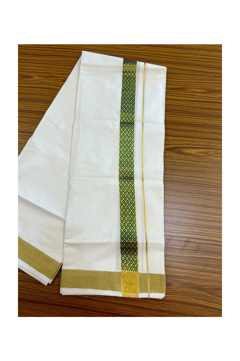 22% Discount!! KaithariKada Balaramapuram 100% Cotton DOUBLE OFF WHITE - (Ubleached) Mundu/Dhoti - 80x90 - 1.5 inch Gold Kasavu with Dark Green Printed Design Kara - 10KK5219 GAN