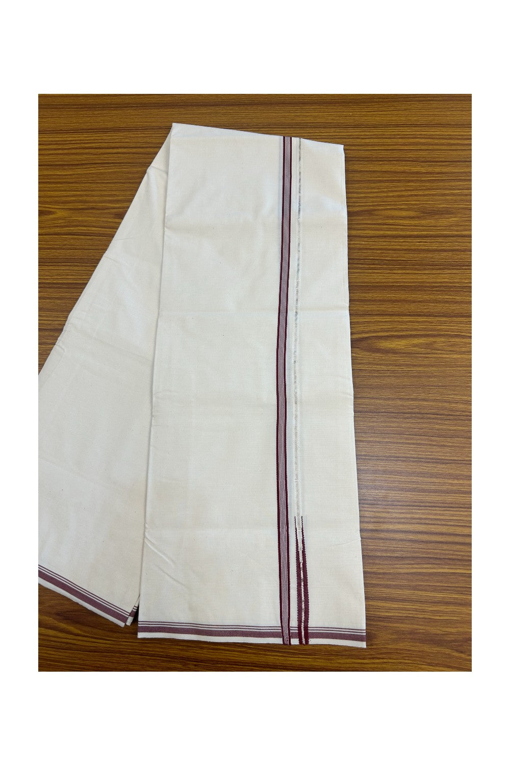 20% Discount!! KaithariKada Balaramapuram 100% COTTON SINGLE OFF WHITE - (Unbleached) Mundu/Dhoti - 100X100 - 1 cm Puliyilakkara Silver Kasavu & Maroon Chutty Kara(2 meter / 4 muzham) - 11KK5238 ASH