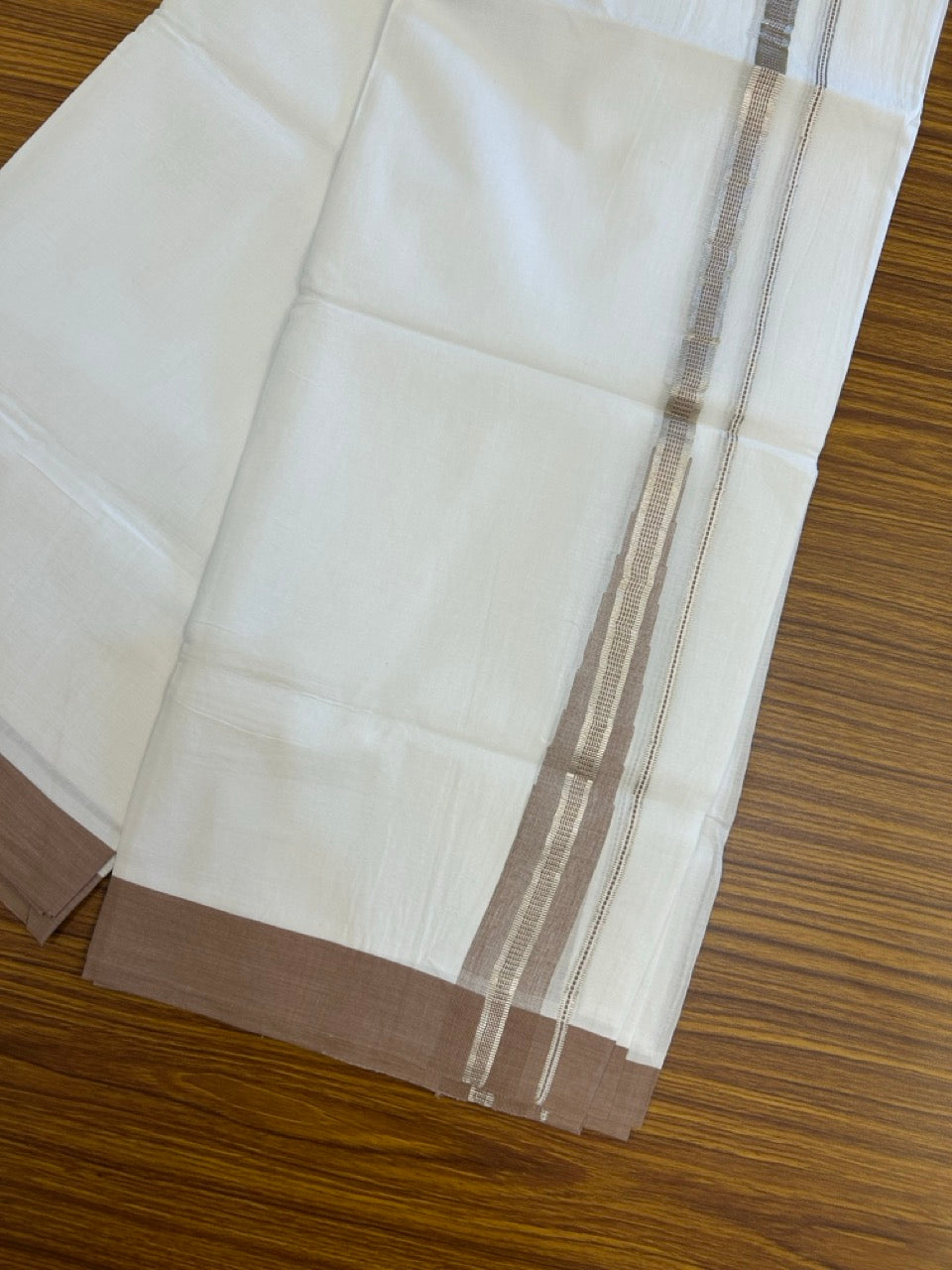 22% Discount ! NEW! KaithariKada Balaramapuram 100% Cotton Pure white Double Mundu/Dhoti - (100x80)s - Heavy Chutty Brown Chutty Silver Kasav - 10 KK5252 CKS