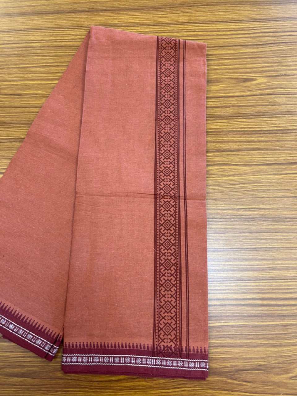 8% Discount!!! Kaitharikada Mixed Cotton Single KAVI - Kaily / Lungi - 3.25 inch Maroon Tribal Kuppadam Border (2 meter / 4 muzham) - 10KK8027 AS