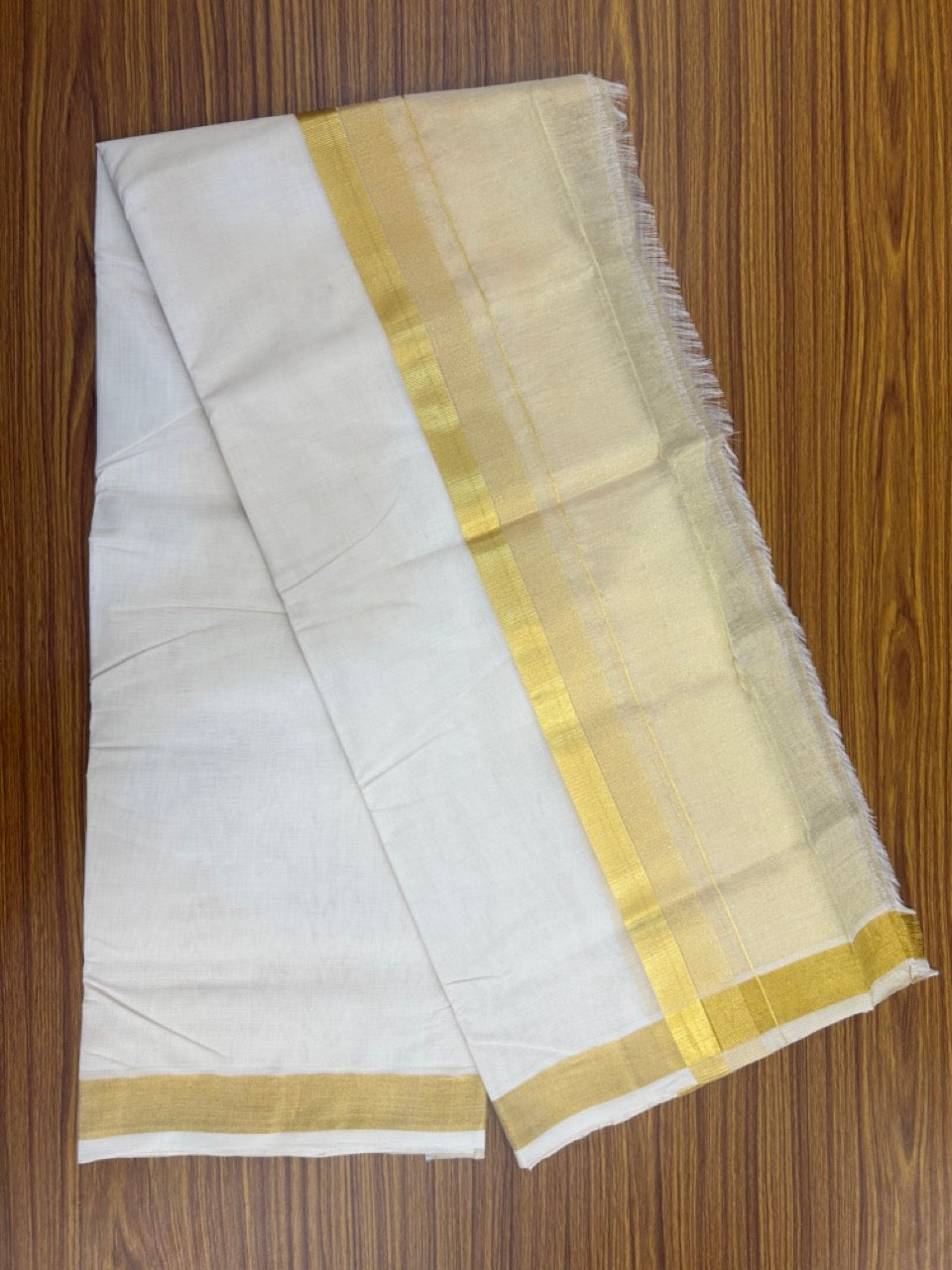 25% Discount ! KaithariKada Handloom Milpaav Balaramapuram - Pure Cotton Off White - (Unbleached) Double Mundu/Dhoti - (80X90s) - 7 inch Gold Kasav Striped & Half Tissue Kara - 100 KK5256 RAM