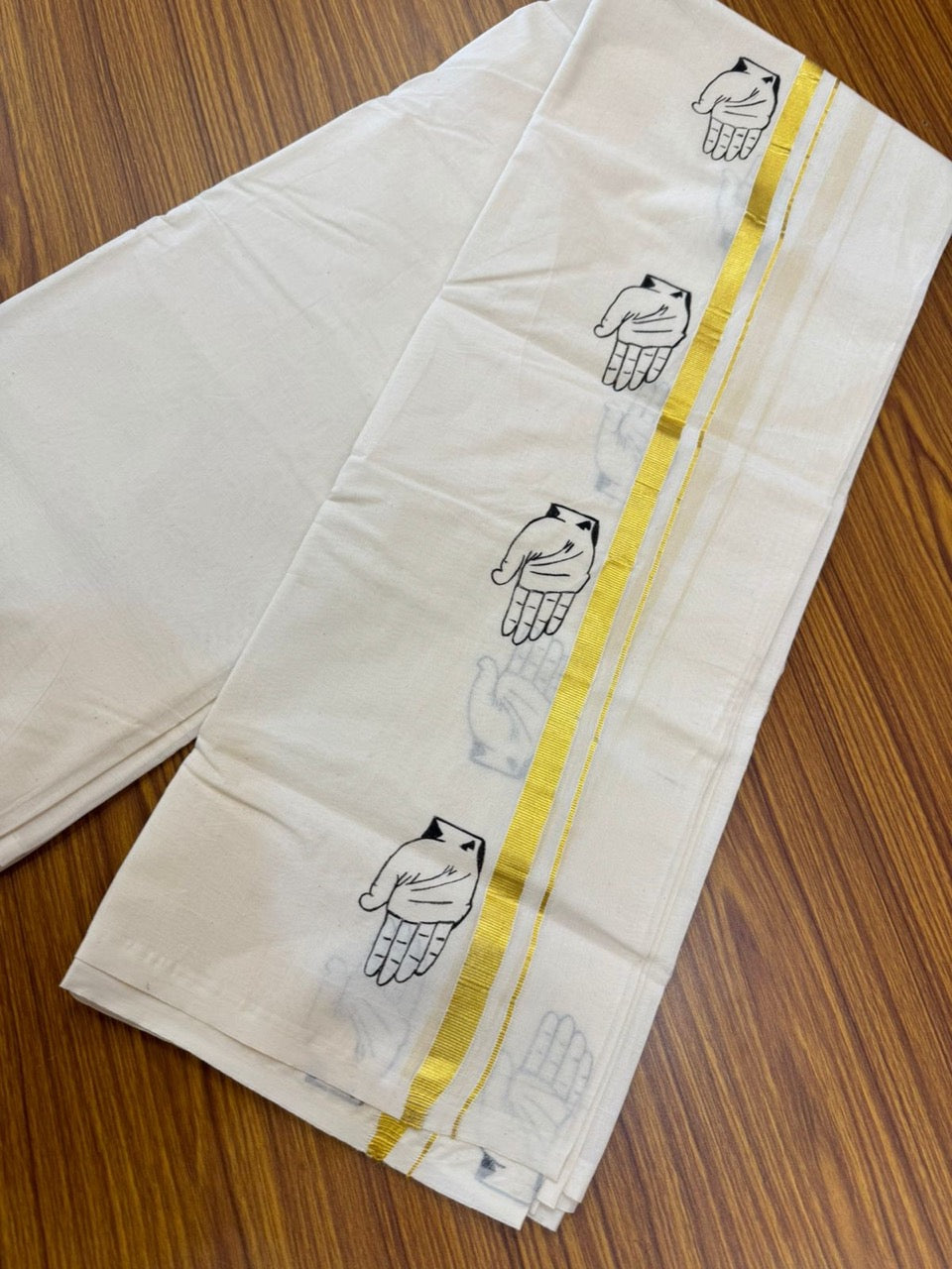 CONGRESS VESHTI - KaithariKada Balaramapuram 100% Cotton Double Off white - (Unbleached) Mundu/Dhoti-100x80 - 0.5 inch Hand Painted Gold Kasav & Kaipathi Design Kara 3.80 mtr (8 muzham) - 18 KK5244 ASH