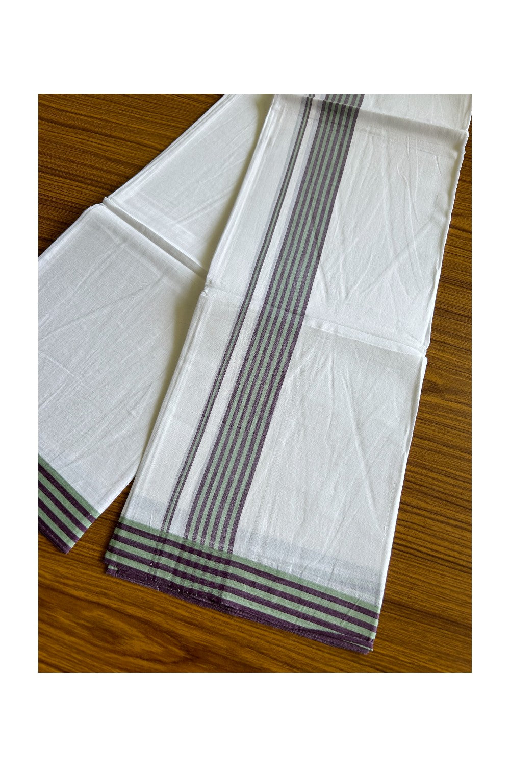 29% DISCOUNT! KaithariKada Balaramapuram 100% Cotton PURE WHITE Double Mundu/Dhoti-100x100 2.25 inch Light Green & Dark Purple Stripes Cotton kara 3.70m- 10KK493RAM