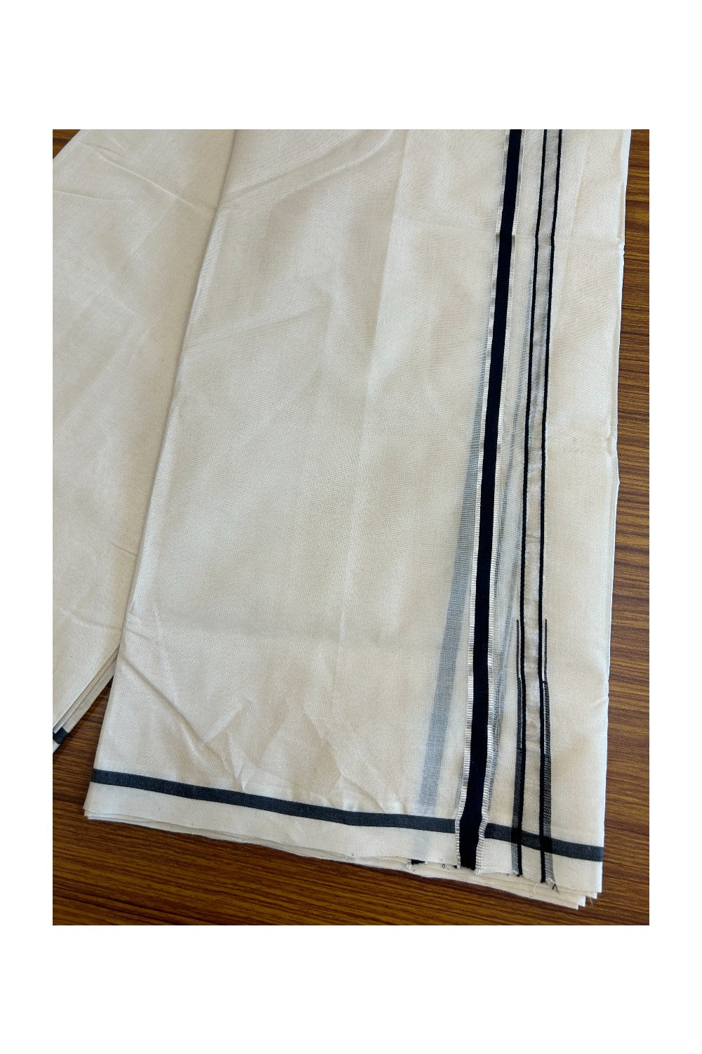 26% Discount KaithariKada HANDLOOM Millpaav Balaramapuram - 100% PURE Cotton off white - (Unbleached) Double Mundu/Dhoti - 0.5 inch  Puliyilakkara silver kasavu & Black Chutty - 10KK5011RAM