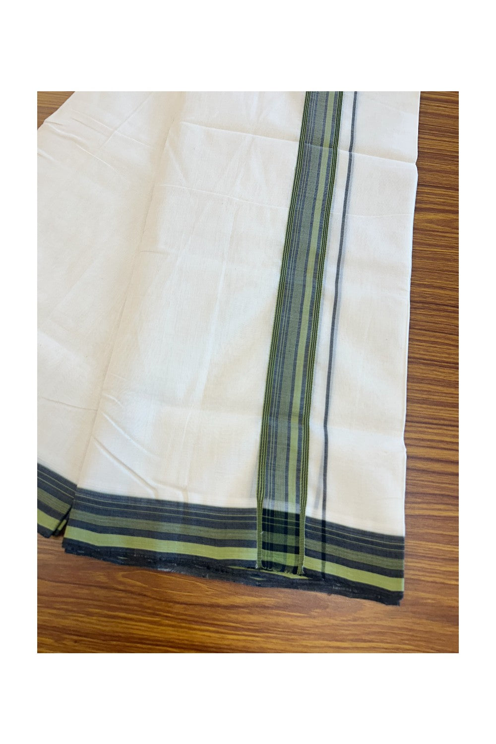 25% DISCOUNT!! KaithariKada HANDLOOM UNAKKUPAAV Balaramapuram - 100% PURE Cotton OFF White Double - (Unbleached) Mundu/Dothi - 2 inch Black & Green Kara 3.82 meters - 10KK5049REA