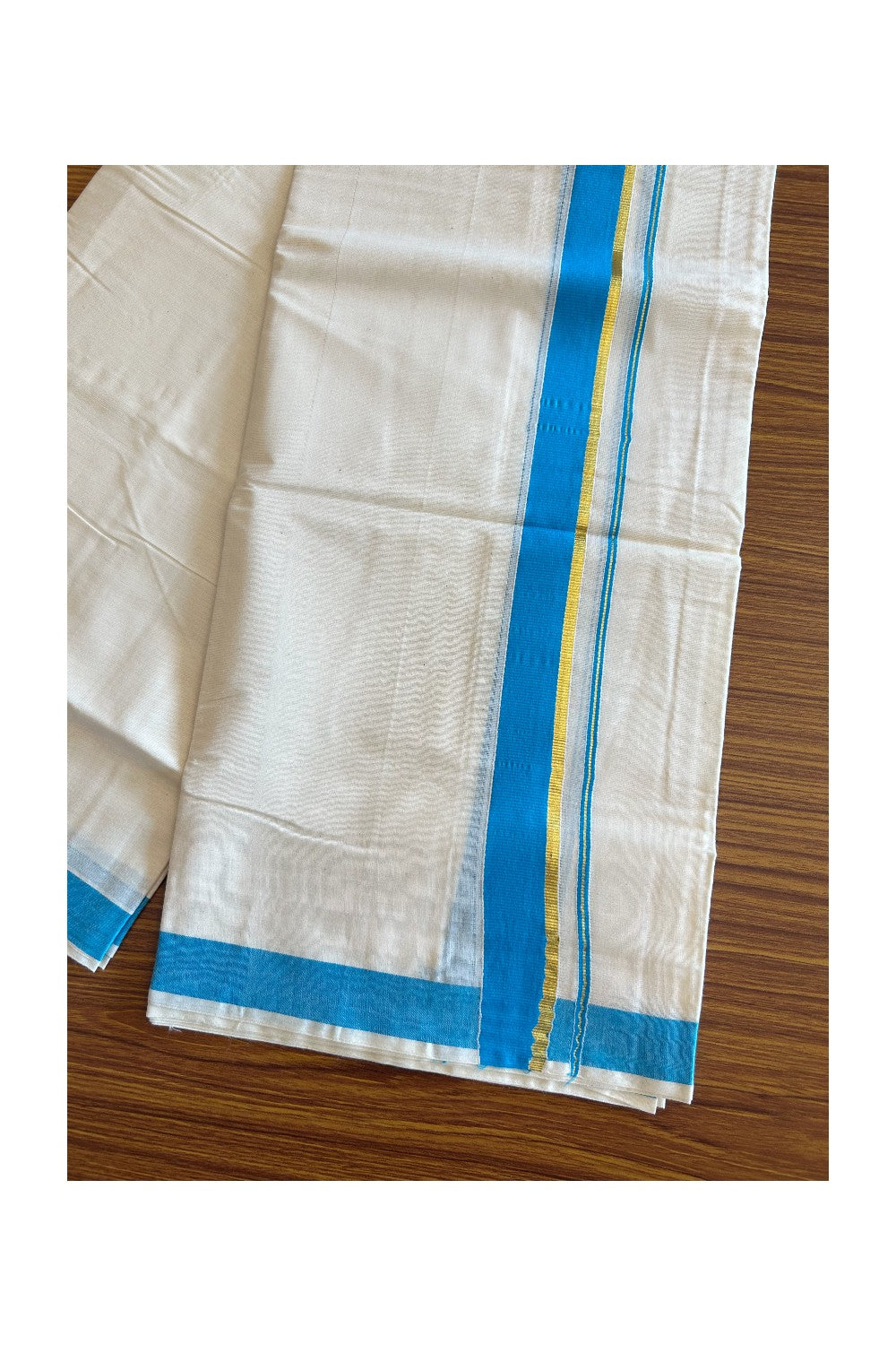 10% Discount! KaithariKada Balaramapuram 100% Cotton Off White - (Unbleached) Double Mundu/Dhoti-80x72 LIGHT BLUE & KASAVU - 10KK57VIN