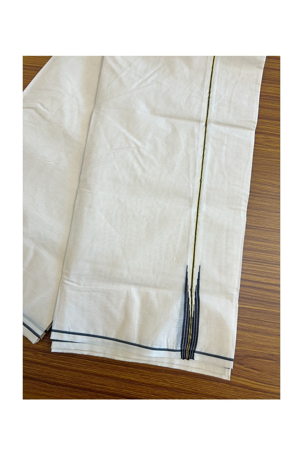 15% DISCOUNT!! KaithariKada Balaramapuram 100% Cotton off white Double - (Unbleached) Mundu/Dhoti-100x100 Gold Kasavu & Black Chutty stripes - 1KK115KAI