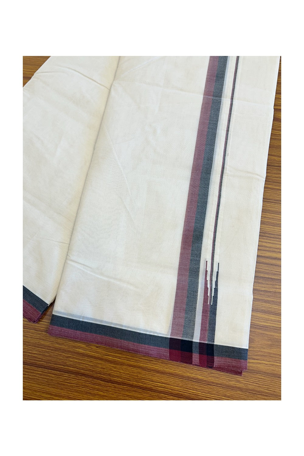 DMK Veshti - 22% Discount !! KaithariKada Balaramapuram Double Off white - (Unbleached) Mundu/Dhoti - 100X100 - 1 inch Puliyilakkara Maroon & Black Chutty Kara - 10KK5074ASH