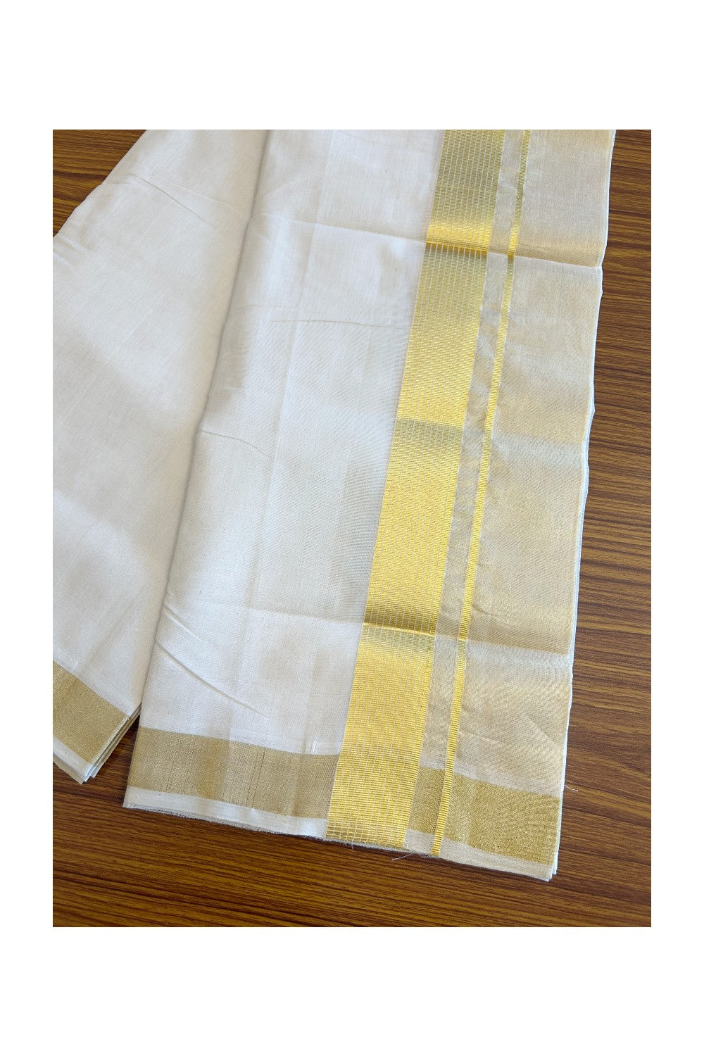 KaithariKada HANDLOOM UNAKKUPAAV Balaramapuram - 100% PURE Cotton Off White  (Unbleached) Mundu/Dhoti & Neriyath set - 7 Inch Kasavu stripes tissue Kara - 10KK5097ABH