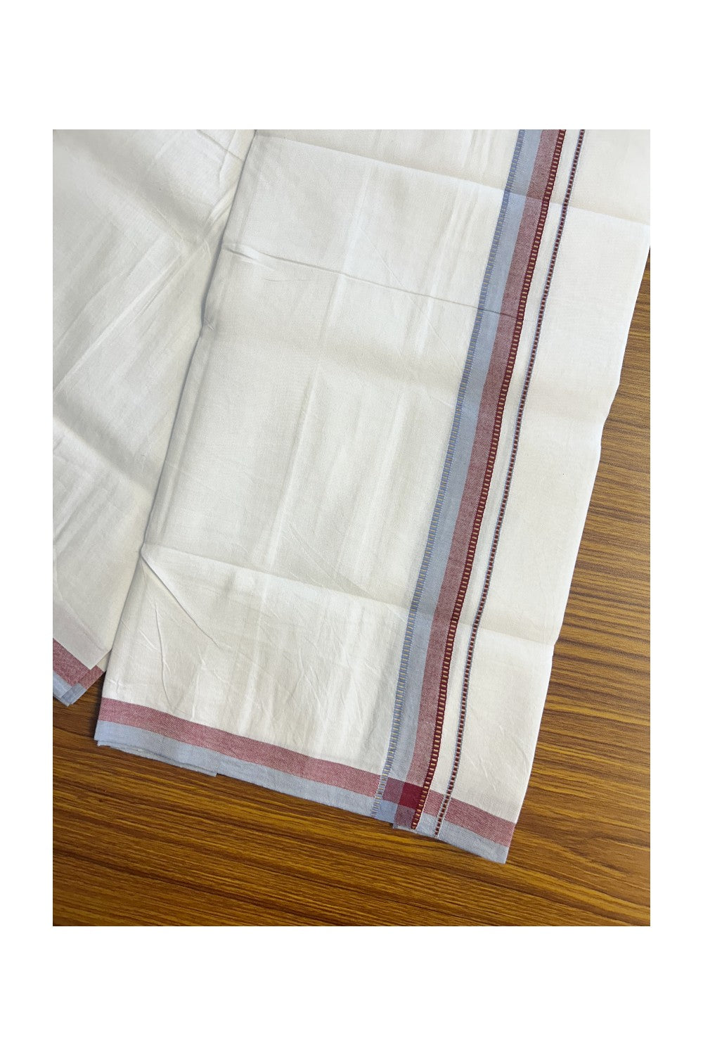 SIGNATURE KAITHARIKADA EXCLUSIVE SINGLE DHOTI - 20% Discount!!  100% Cotton Balaramapuram HANDLOOM Single Mundu/Dhoti -PURE WHITE - 1 inch Lavender Blue & Maroon Kasavu Muthukuri kara  (2 meters /4 muzham) - 8KK5146KAI