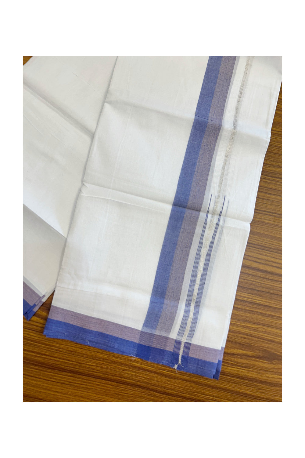 28% DISCOUNT!! Kaitharikada Balaramapuram 100% Cotton PURE WHITE Double Mundu/Dothi - 100X80 - 1.5 Inch Silver kasavu Light brown & Blue shaded striped chutty - 10KK5155THI