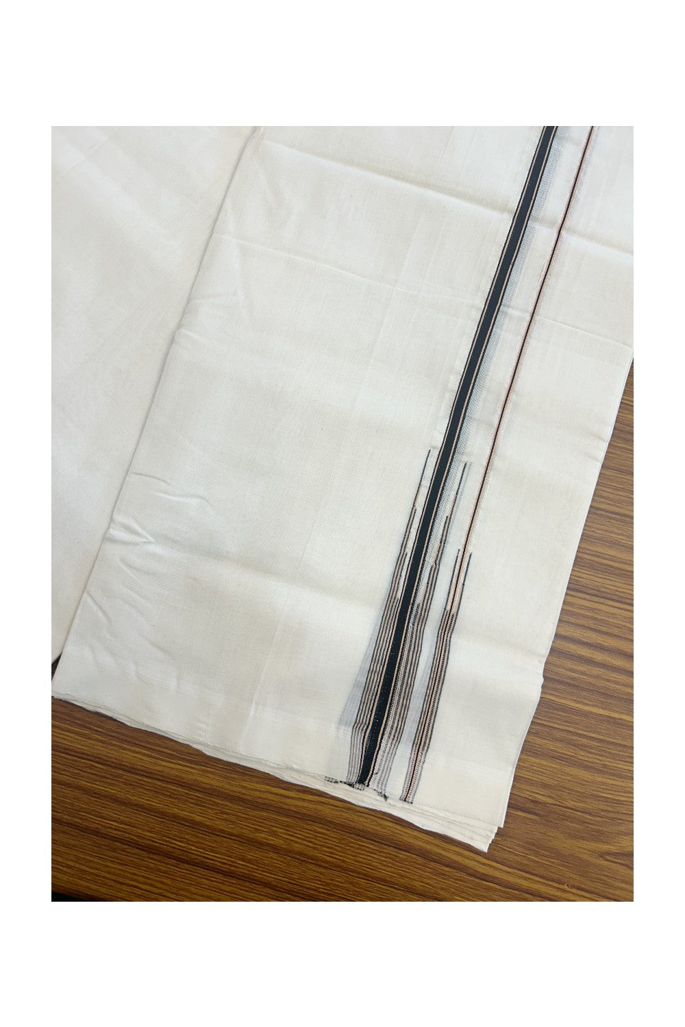 30% DISCOUNT!! KaithariKada HANDLOOM UNAKKUPAAV Balaramapuram - 100% PURE Cotton OFF White Double - (Unbleached)- Mundu/Dothi - 1 inch Puliyilakkara Black & Sand Brown Striped Chutty Kara 4.5 Meters (10 Muzham) - 10KK5160REA