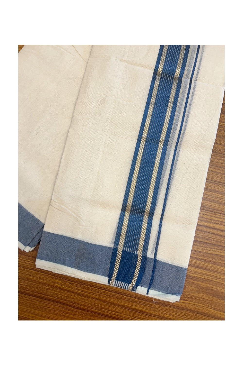 27% DISCOUNT!! KaithariKada HANDLOOM millpaav Balaramapuram - 100% PURE Cotton OFF White - (Unbleached) Double Mundu/Dothi - 2.25 inch Peacock blue colour kasavu  & Gold Kasavu Striped kara - 5KK5162RAM