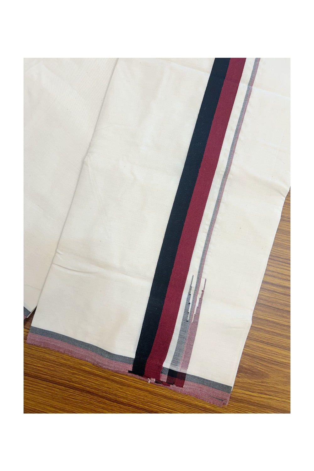 DMK Veshti - KaithariKada Balaramapuram 100% COTTON SINGLE OFF WHITE- (Unbleached) Mundu/Dhoti-100X100 -1.5 inch Puliyilakkara Maroon & Black Chutty (2 meter / 4 muzham) - 9KK5168ASH