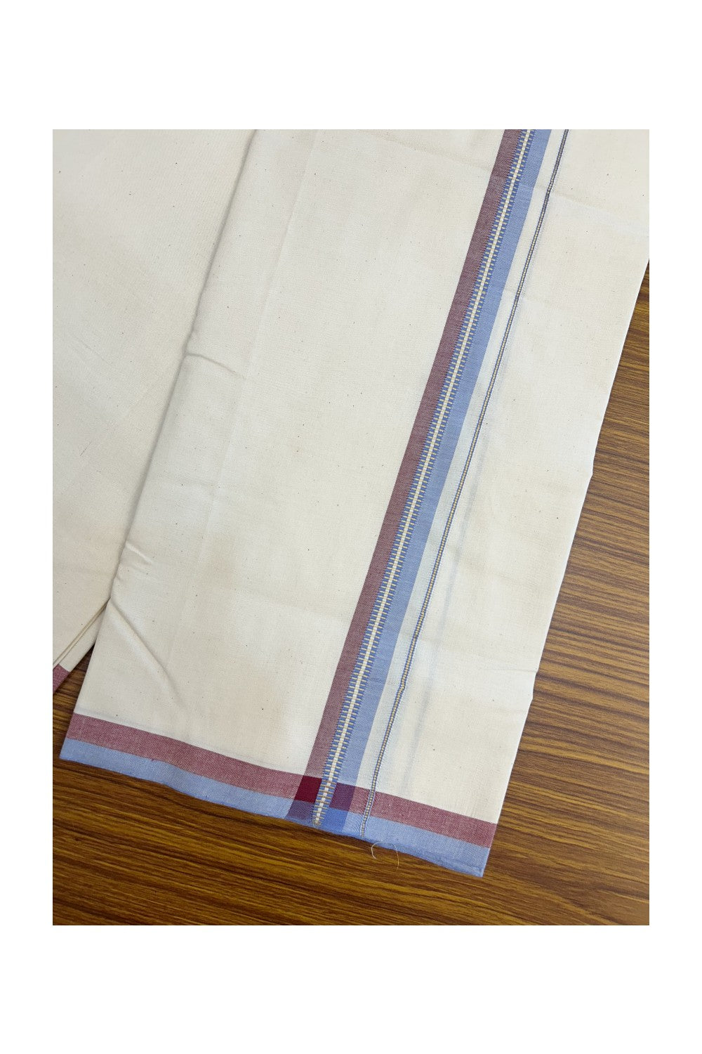 30%DISCOUNT!! SIGNATURE KAITHARIKADA EXCLUSIVE SINGLE DHOTI - 100% Cotton Balaramapuram HANDLOOM Single Mundu/Dhoti - Off White - (Unbleached) 1 inch Maroon Lavender & Gold Kasavu Striped Kara (2 meter / 4 muzham)- 10KK5173KAI