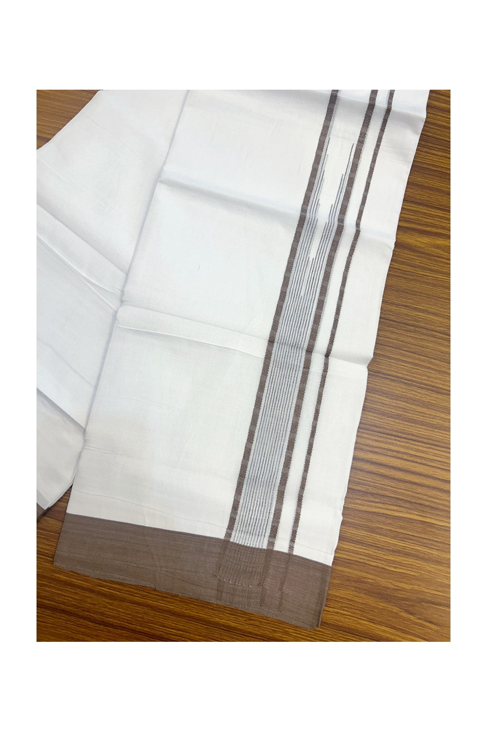 20% DISCOUNT! KaithariKada Balaramapuram DOUBLE PURE WHITE 100% Cotton Mundu/Dhoti - 100x80 - 1.5 inch Brown Putta Design Chutty Kara - 10KK5174THI
