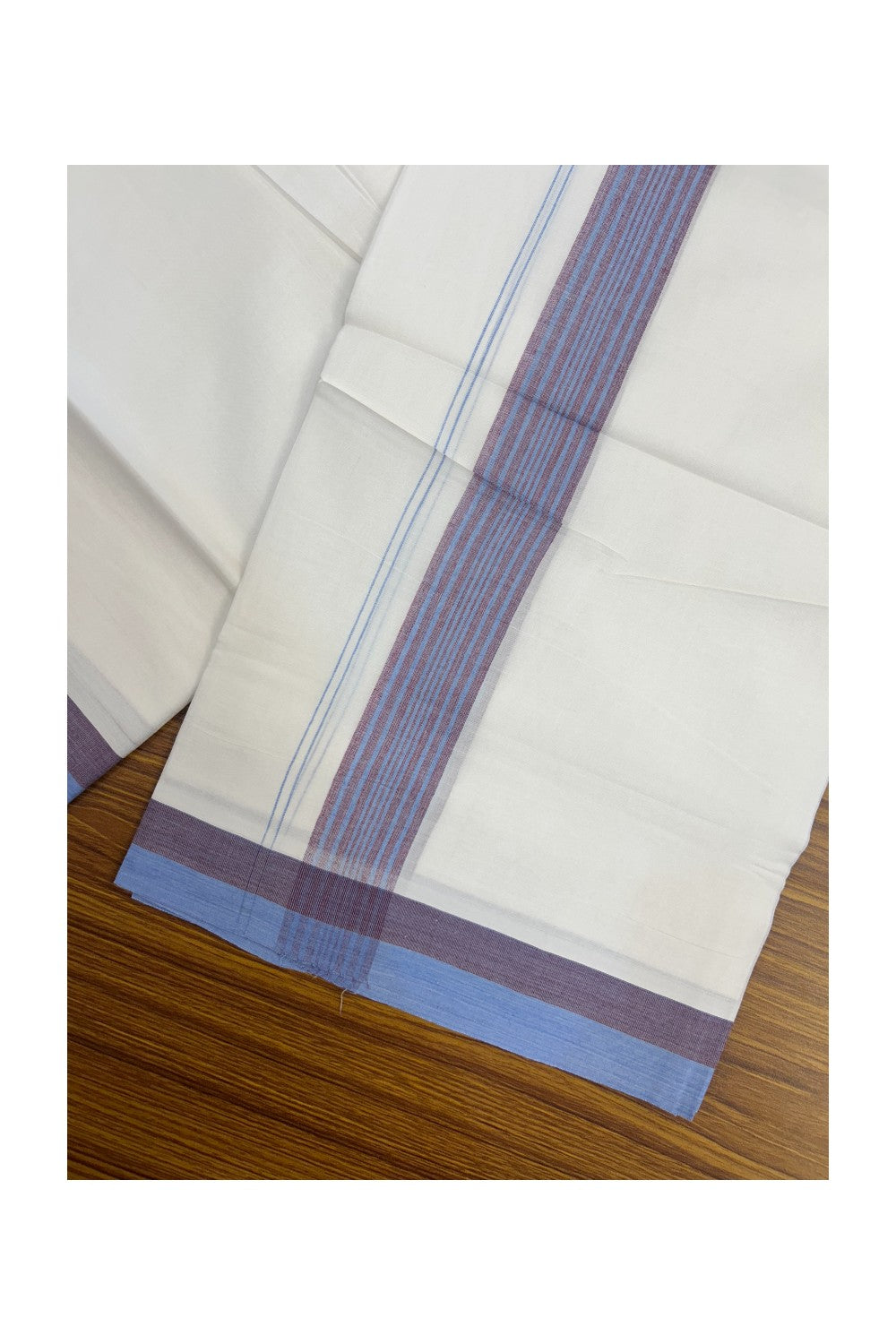 20% Discount ! Kaitharikada Balaramapuram 100% Cotton PURE WHITE Double Mundu/Dothi - 100x80 - 1.5 inch Light Blue & Purple Striped Kara - 10KK5183VIN