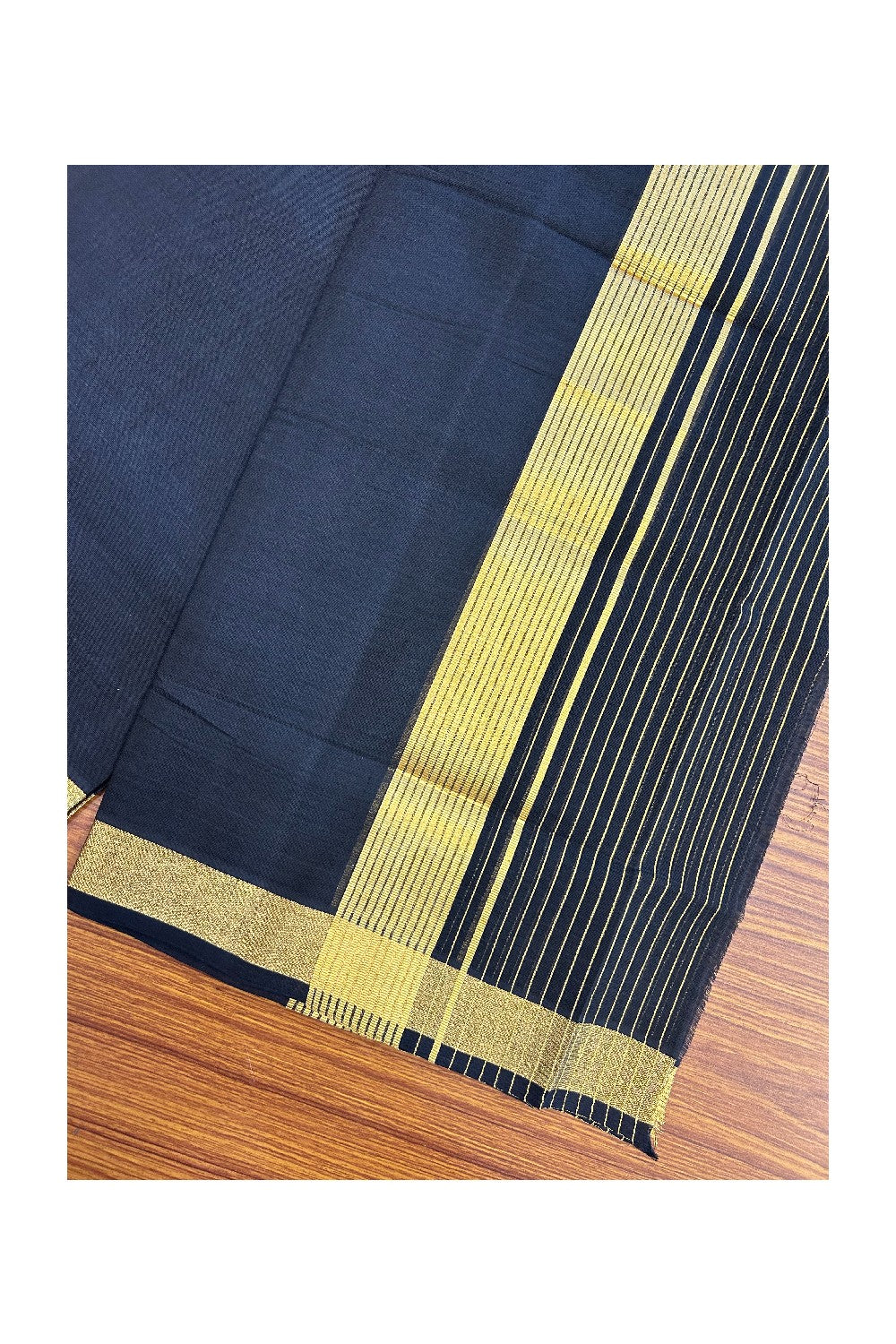 25% Discount! KaithariKada Handloom UNAKKUPAAV Balaramapuram - 100% Cotton Double Mundu/Dhoti - Black Colour Body - 7 inch Gold Kasavu Striped Kara - 10KK5190ABH