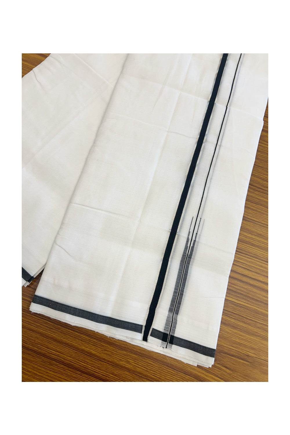 25% Discount!! NEW ULTRA PURE WHITE HANDLOOM Balaramapuram - 100% Mercerised Cotton Double Mundu/Dhoti - 120 twisted warp x 80s weft - 0.5 inch Puliyilakkara Silver Kasavu & Black Chutty Kara- 10KK5200REA