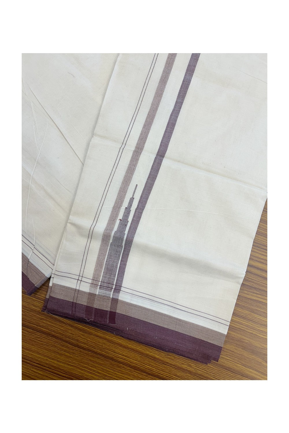 20% Discount!!! KaithariKada Balaramapuram Double OFF WHITE - (Unbleached) Mundu/Dhoti - 100x80 - 1.75 inch Sand Brown & Dark Purple Shaded Puliyilakkara Striped Chutty - 10KK5213 VIN