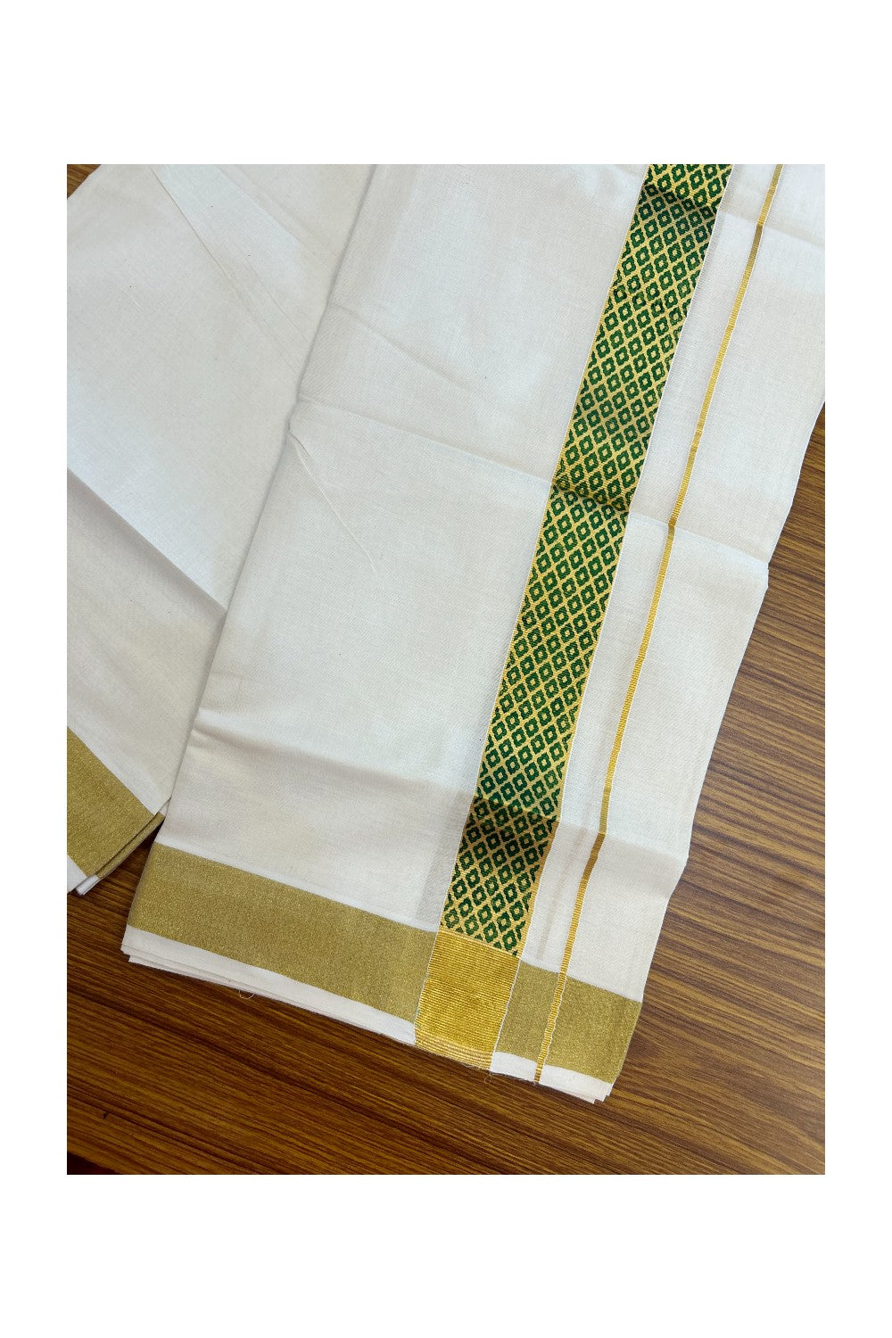 22% Discount!! KaithariKada Balaramapuram 100% Cotton DOUBLE OFF WHITE - (Ubleached) Mundu/Dhoti - 80x90 - 1.5 inch Gold Kasavu with Dark Green Printed Design Kara - 10KK5219 GAN