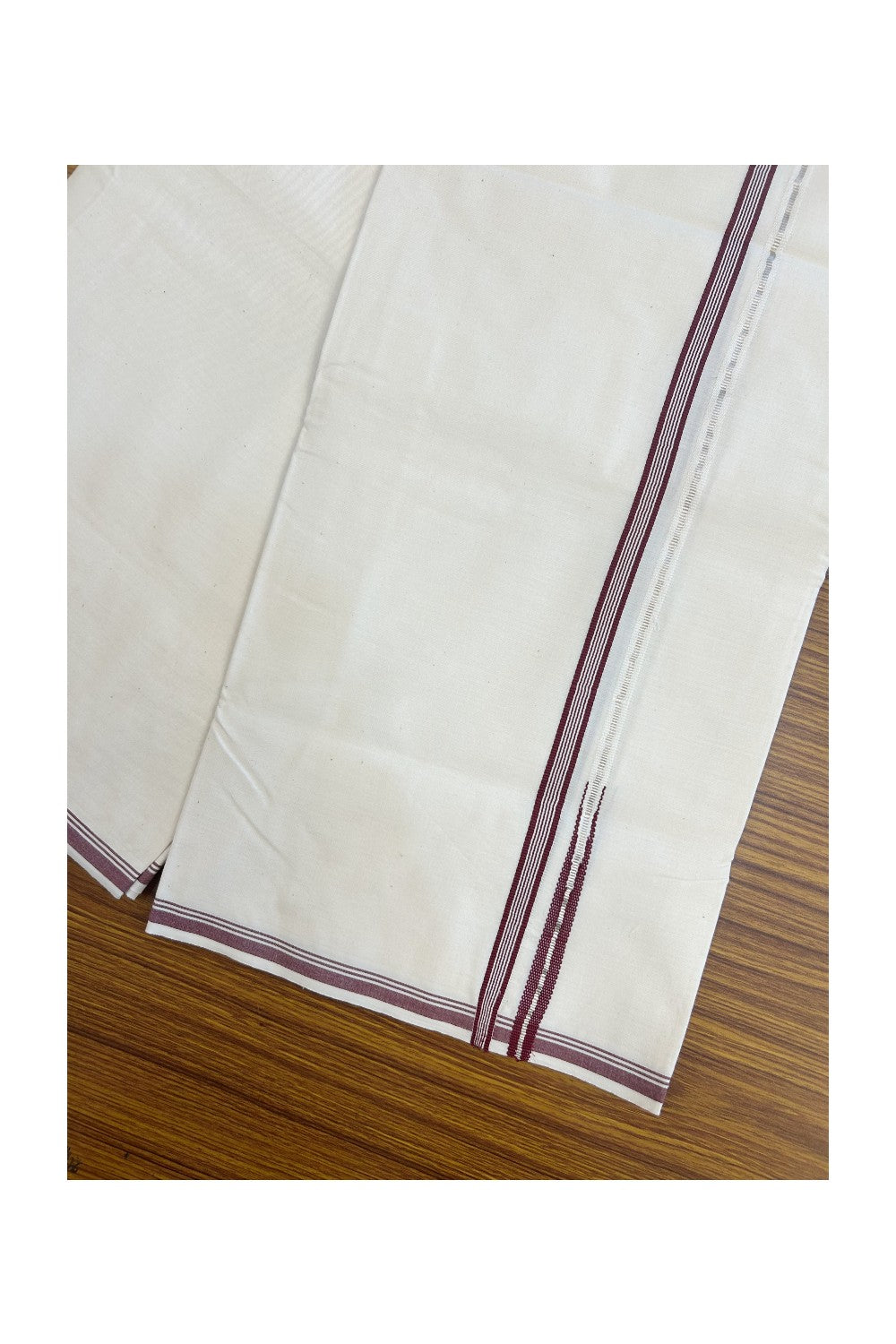 20% Discount!! KaithariKada Balaramapuram 100% COTTON SINGLE OFF WHITE - (Unbleached) Mundu/Dhoti - 100X100 - 1 cm Puliyilakkara Silver Kasavu & Maroon Chutty Kara(2 meter / 4 muzham) - 11KK5238 ASH