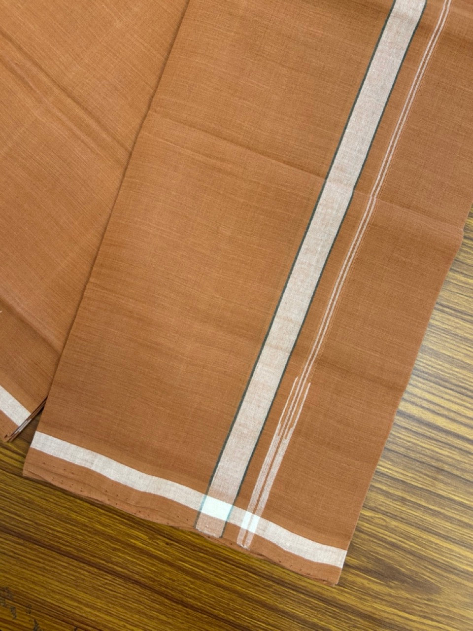 HANDLOOM Single KaithariKada - 10% Discount ! 100% Pure Cotton -  Mundu/Dhoti  KAVI COLOUR BODY 2cm WHITE Kara Green Stripes Chutty (2 meter / 4 muzham)- 10KK8026ELA